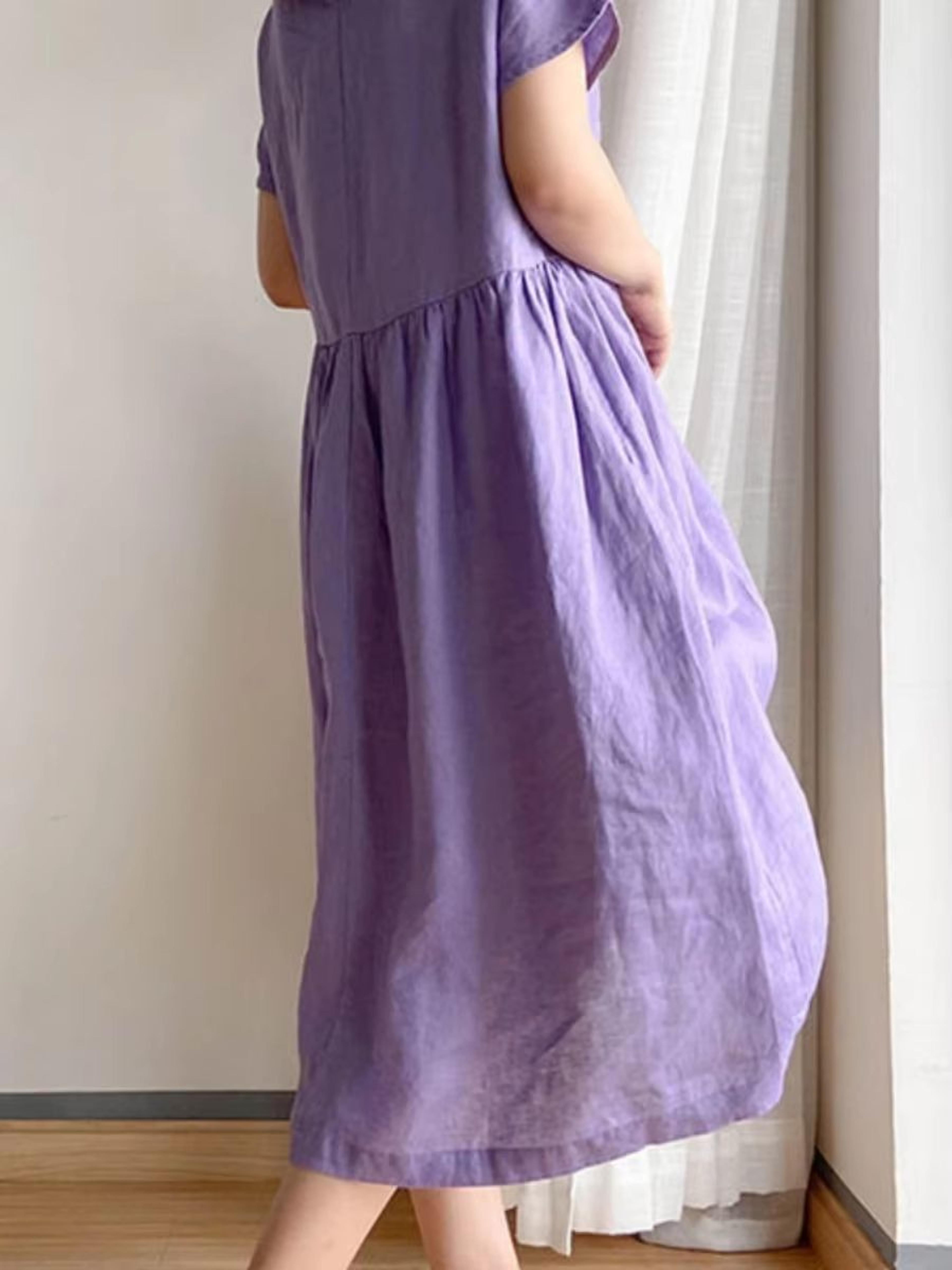 Loose Linen A Line Midi Dress Summer Round Neck Linen Dress High Waist Breathable Summer Dress 3