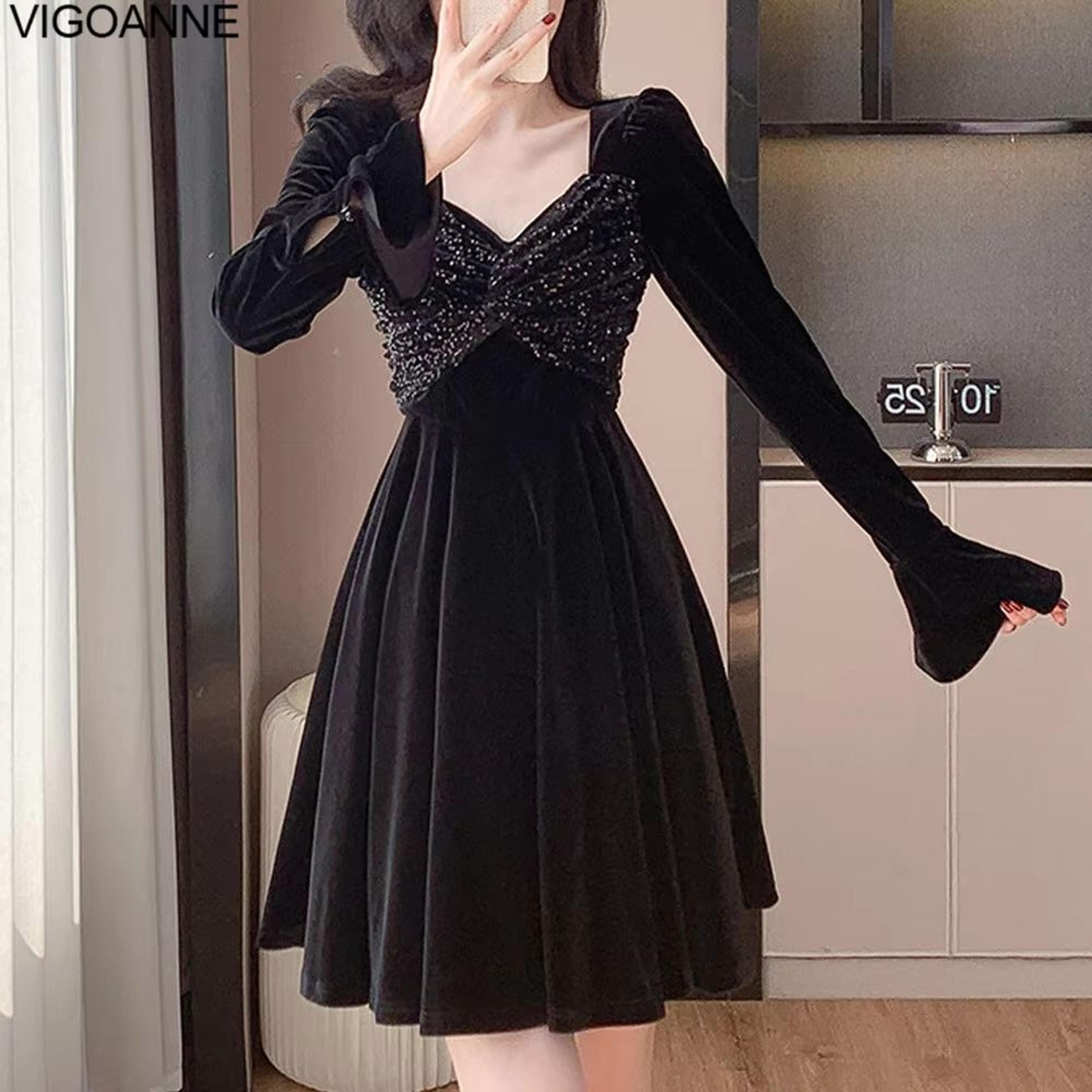 VigoAnne Patchwork Velvet Party Dress Crystal Detail Black Velvet Bodycon Dress Korean Style Short  1
