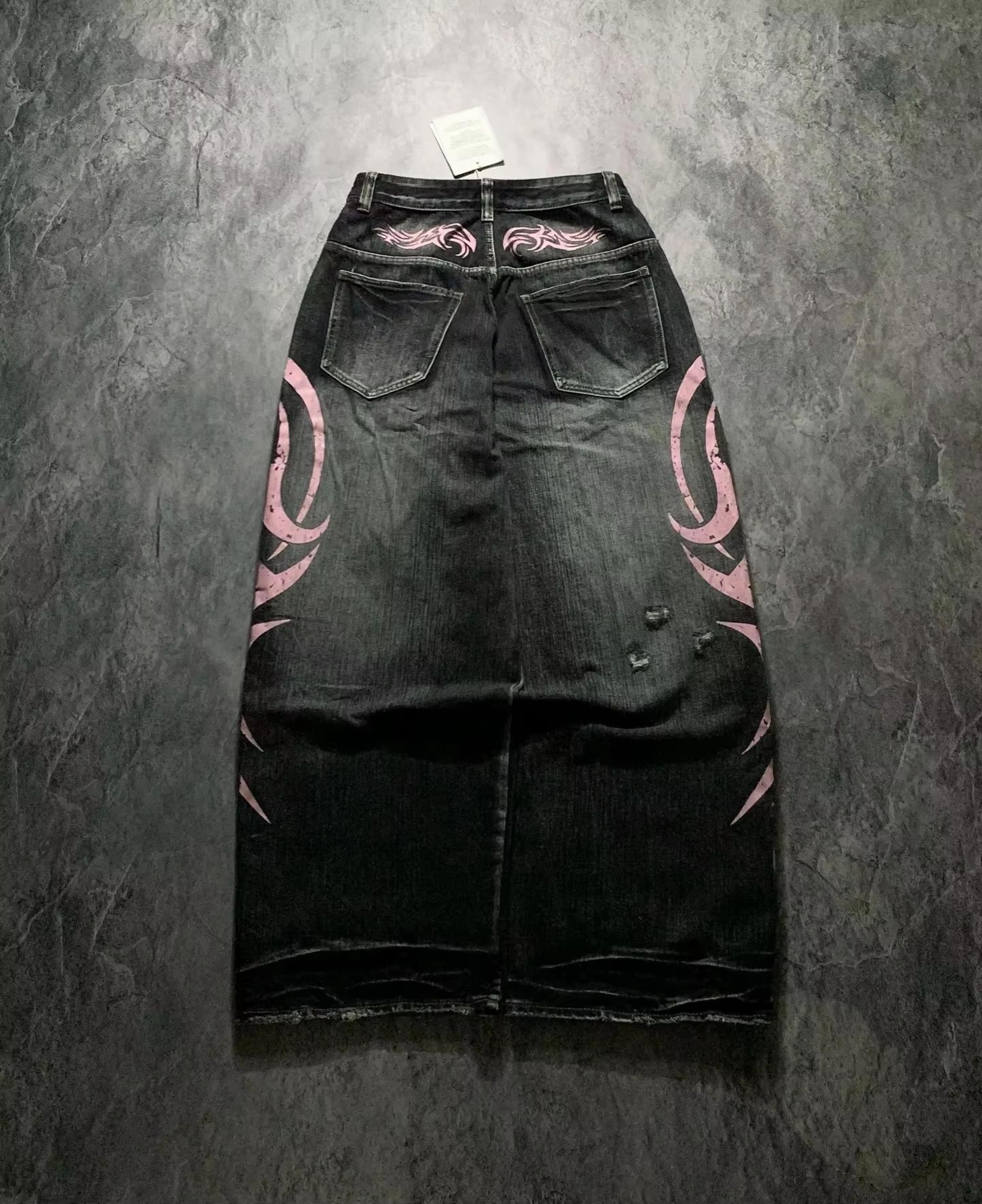 Vintage Y2K Totem Print Baggy Jeans High Waist Wide Leg Streetwear Jeans Retro Hip Hop Loose Denim  1