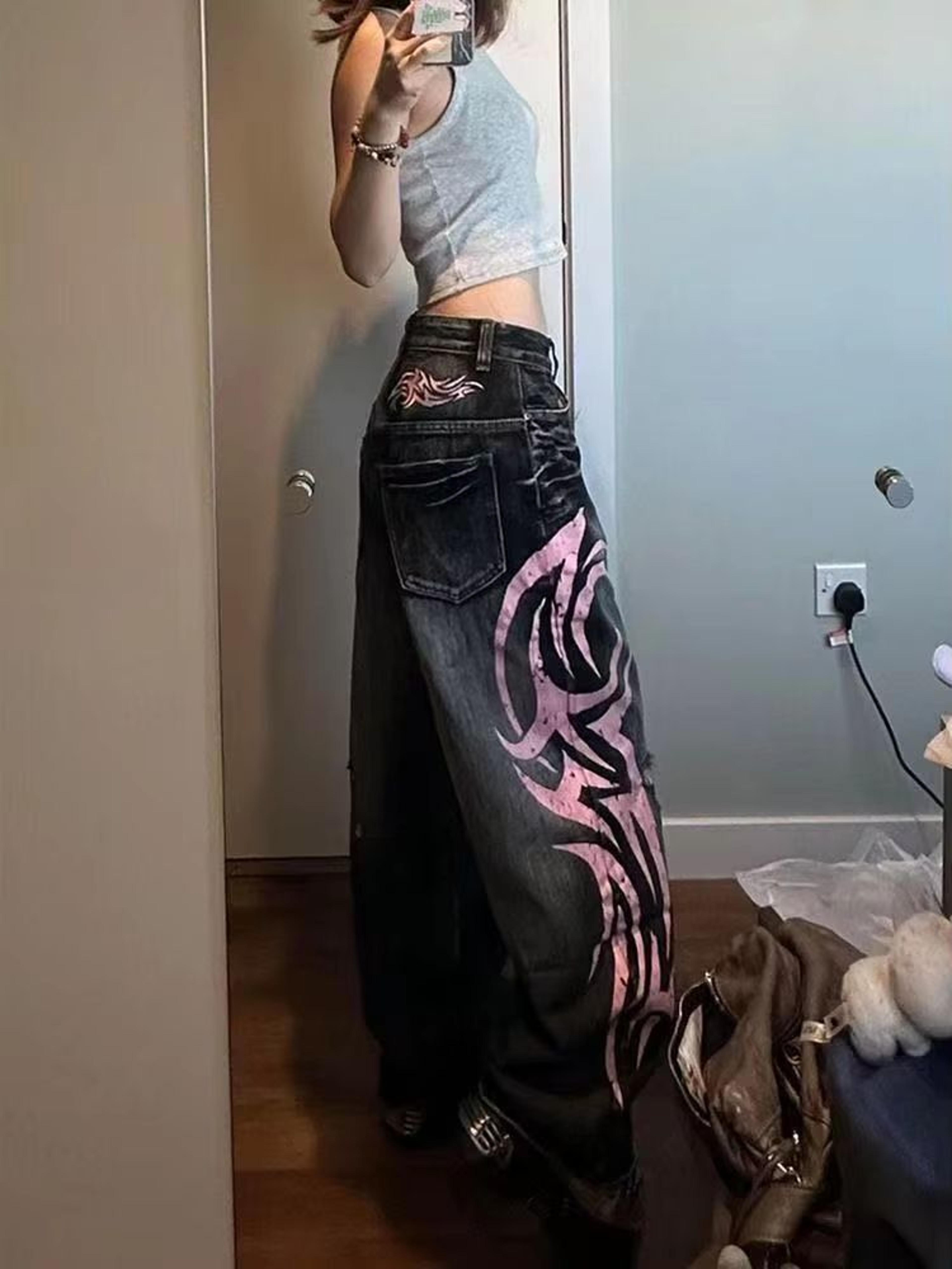 Vintage Y2K Totem Print Baggy Jeans High Waist Wide Leg Streetwear Jeans Retro Hip Hop Loose Denim  4