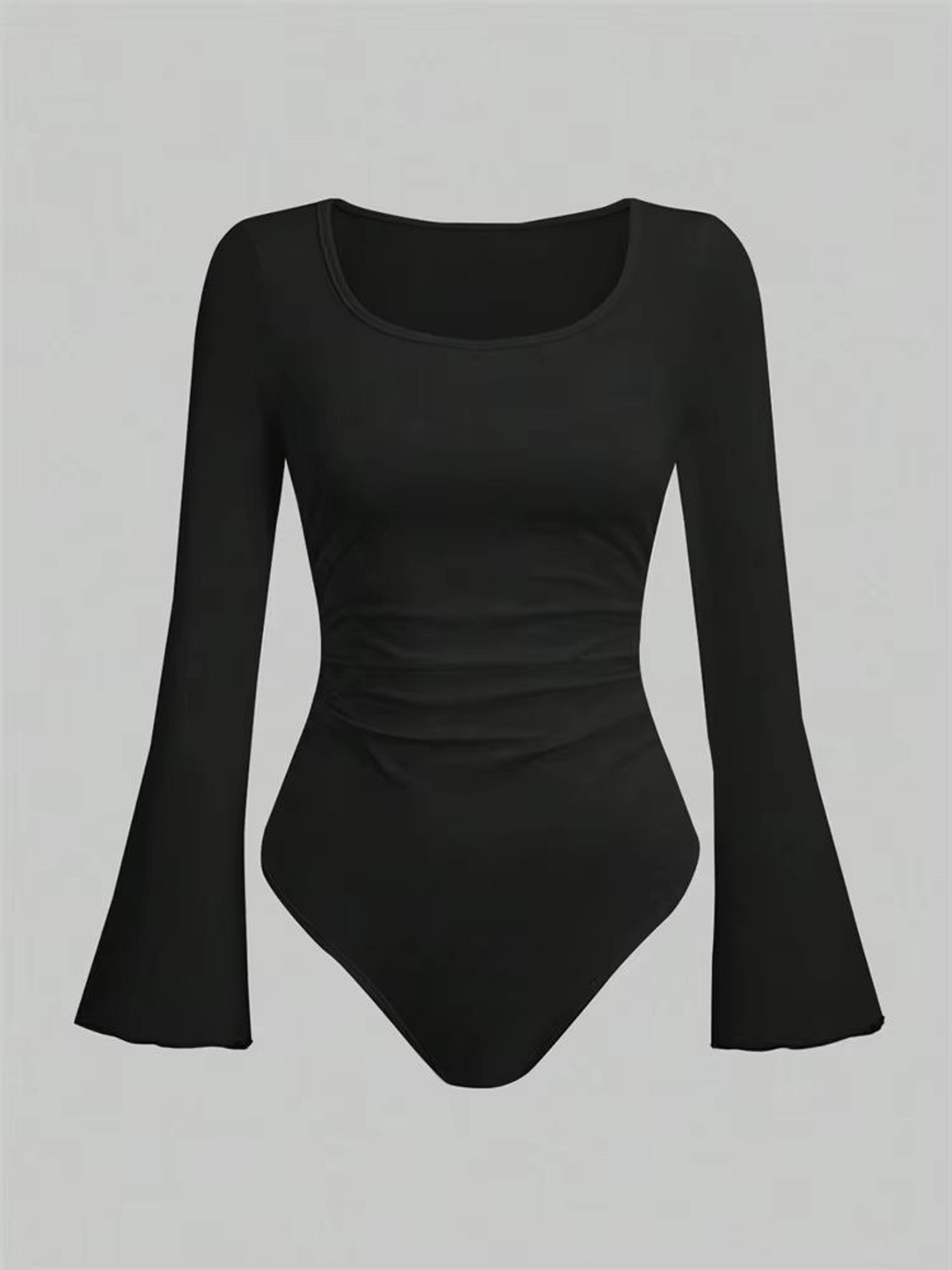 Street Chic Ruched Flare Sleeve Bodysuit For Women Round Neck Pleated Long Sleeve Top 6