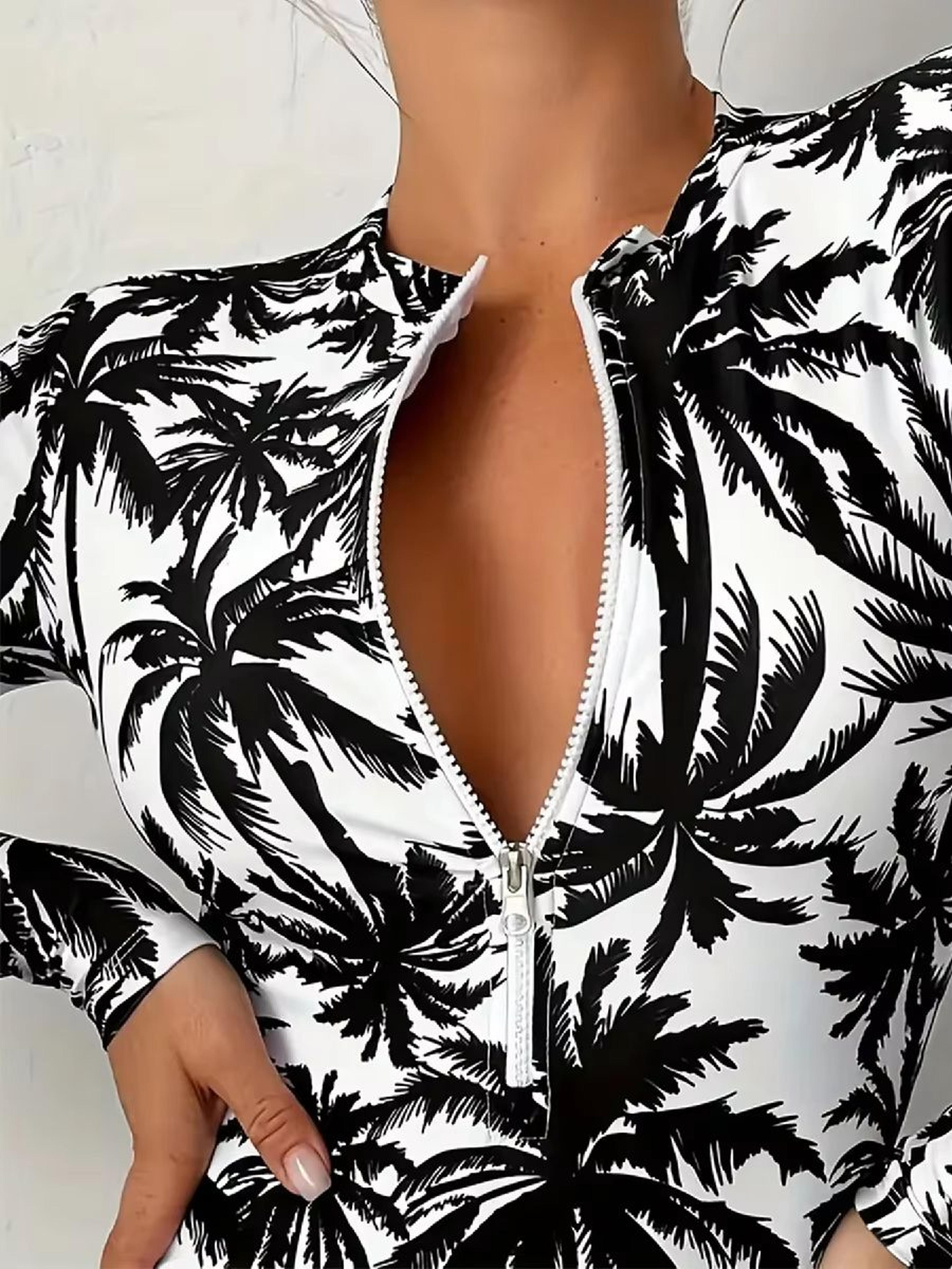 Tropical Palm Print Womens Long Sleeve Swimsuit High Stretch Beach Rash Guard Set 3