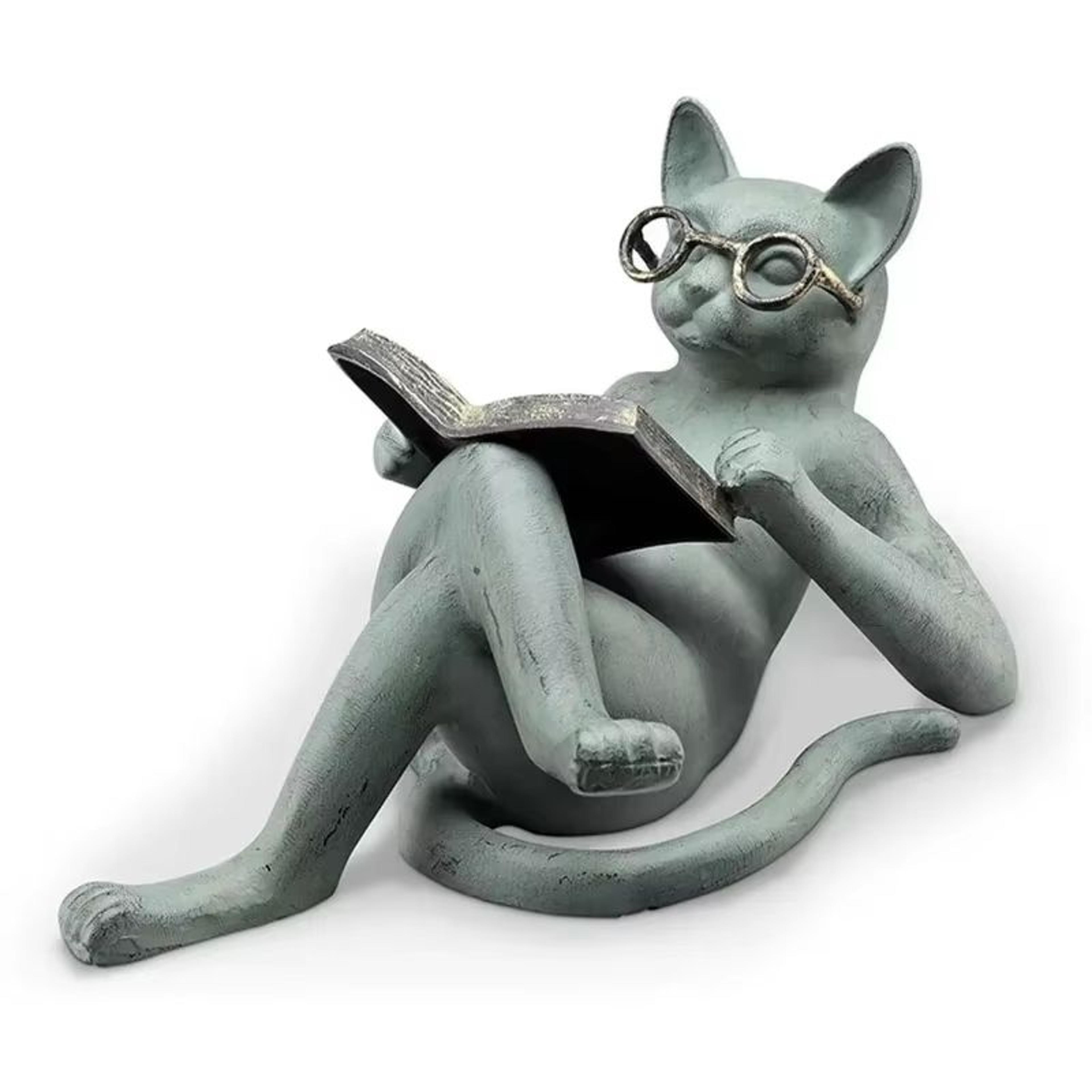 Reading Cat Statue Book Lover Desk And Bookshelf Decor 3