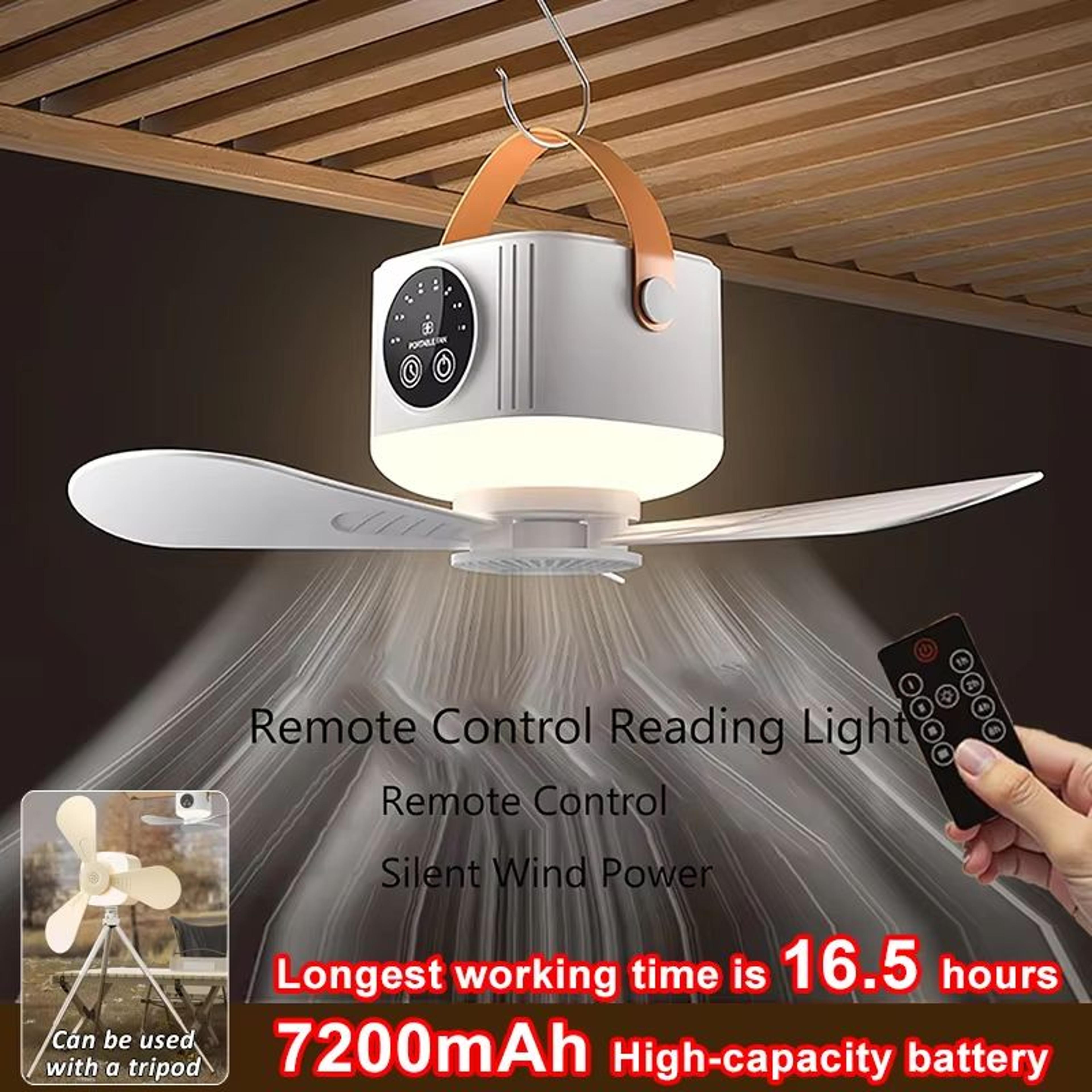 Portable Silent Ceiling Fan With LED Light USB Rechargeable Remote Control Lamp 1