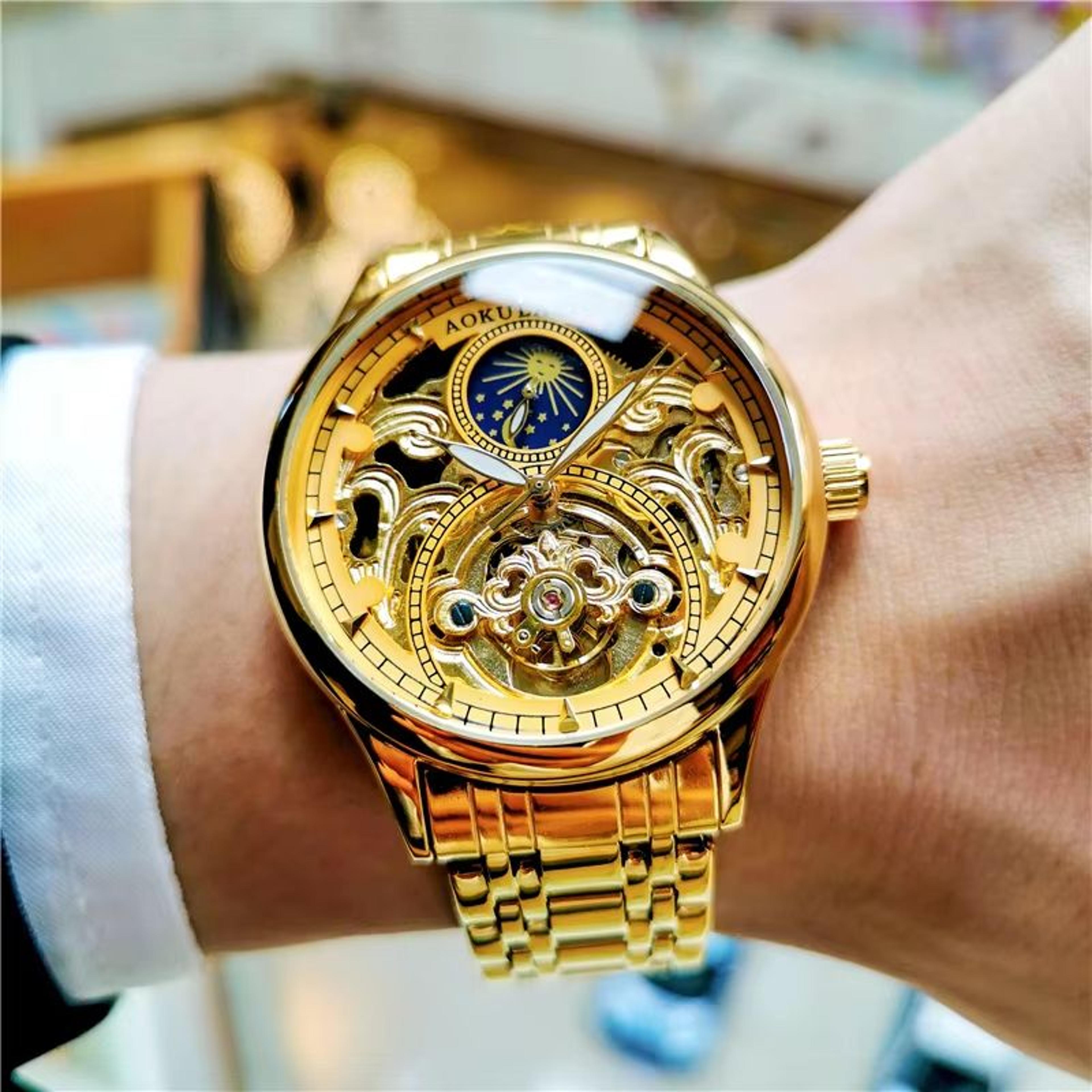 Luxury Gold Skeleton Moon Phase Automatic Watch For Men With Luminous Hands 0