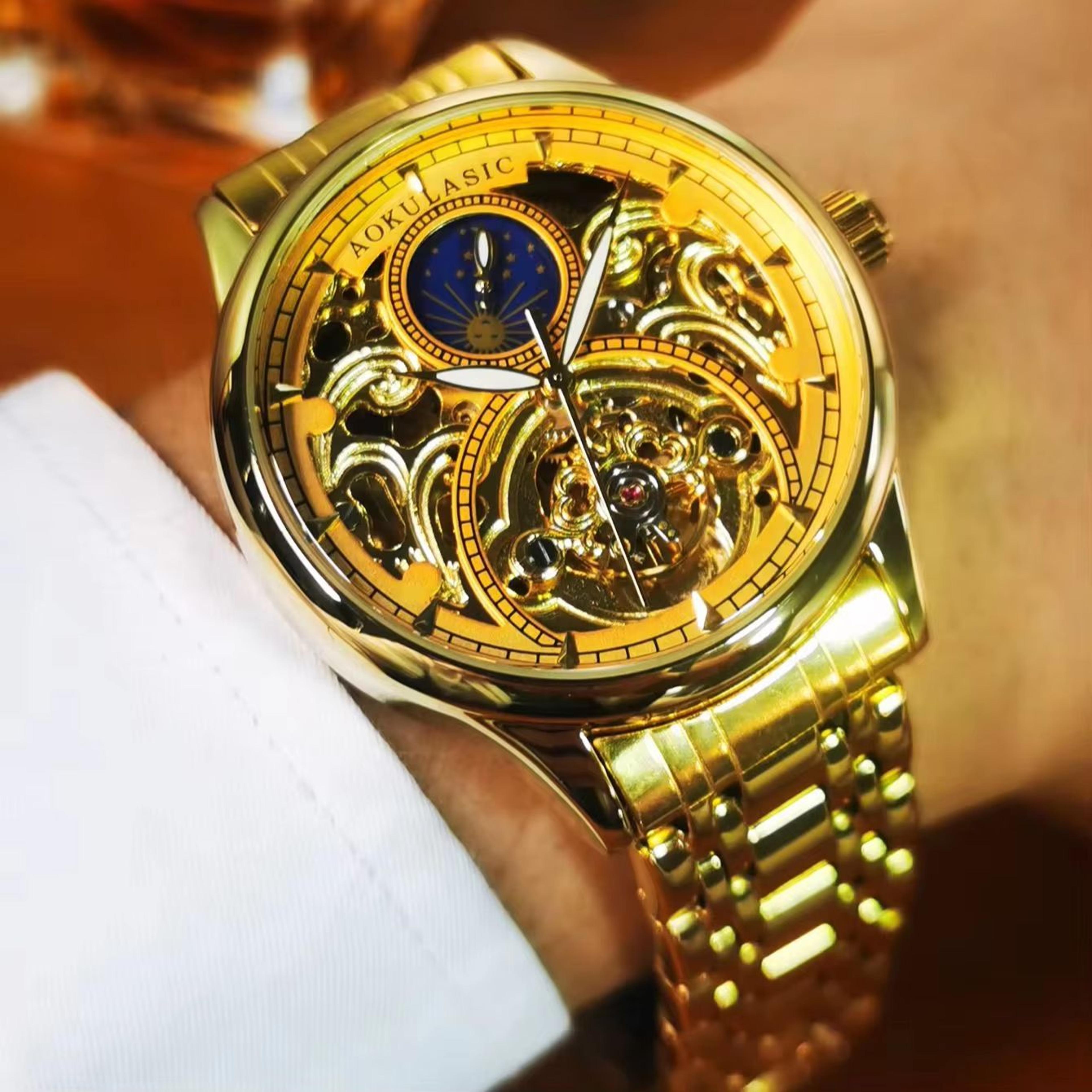 Luxury Gold Skeleton Moon Phase Automatic Watch For Men With Luminous Hands 2