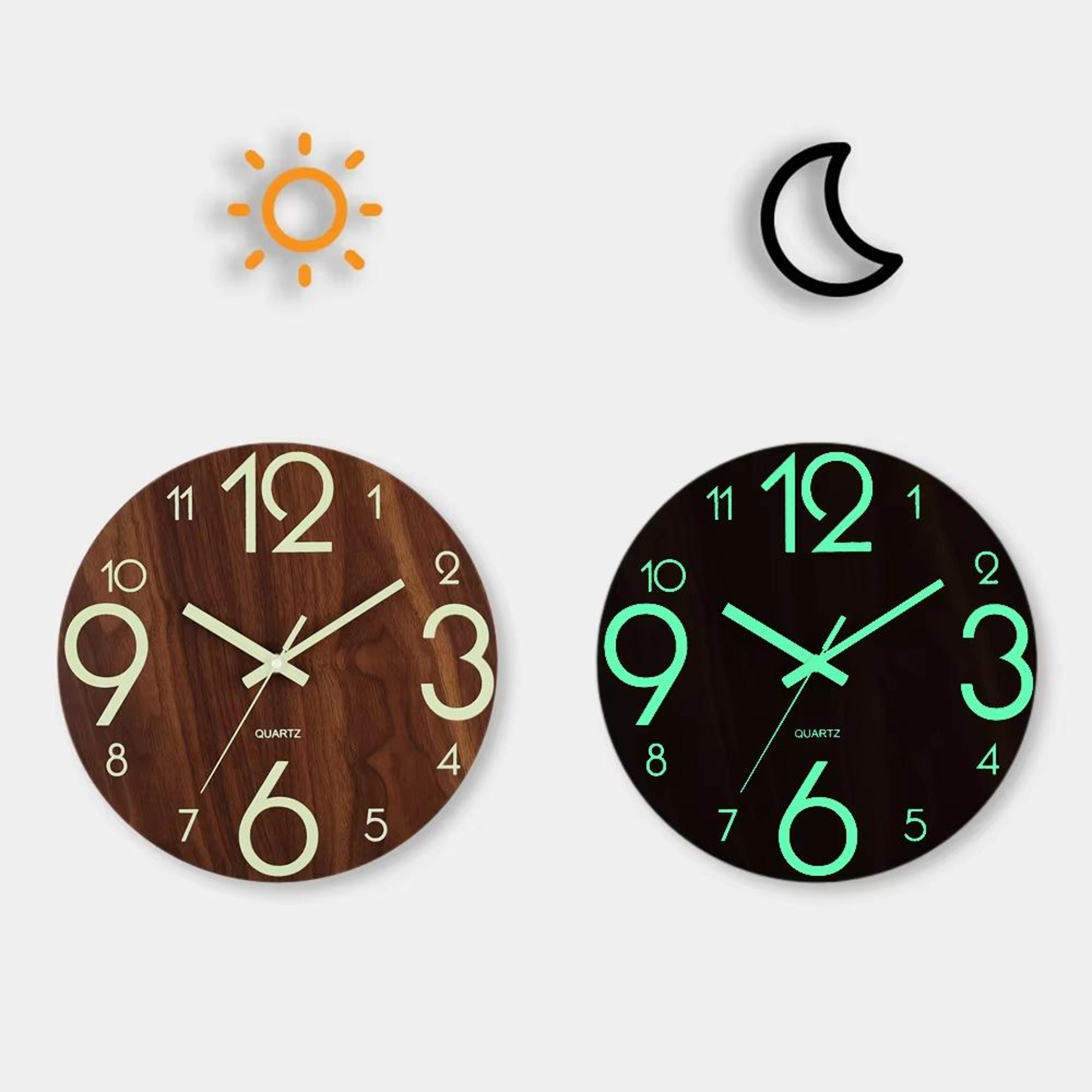 12Inch Luminous Wooden Wall Clock Silent Nordic Night Light Decor 8