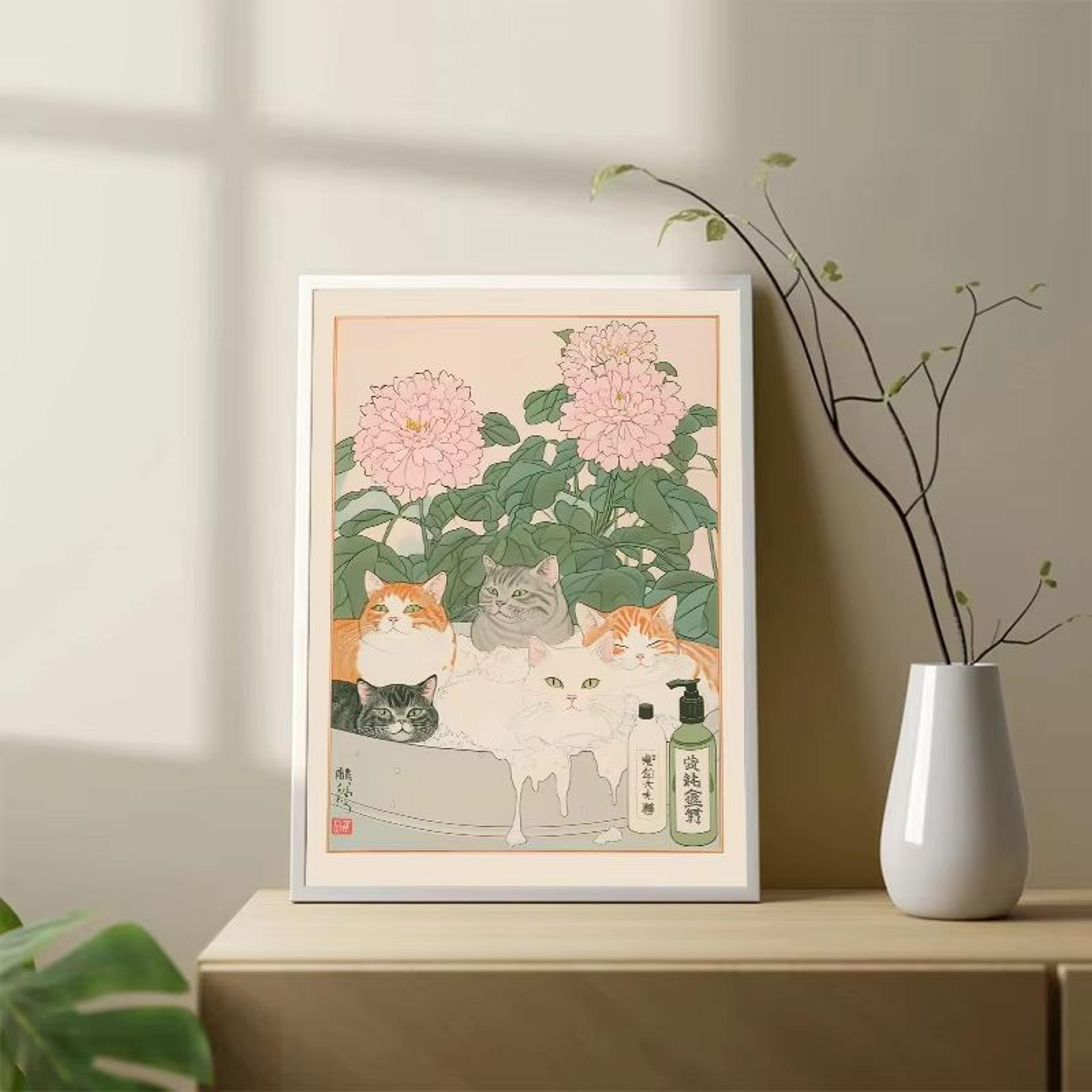 Japandi Cat Bathtub Canvas Wall Art Retro Japanese Aesthetic Poster 1