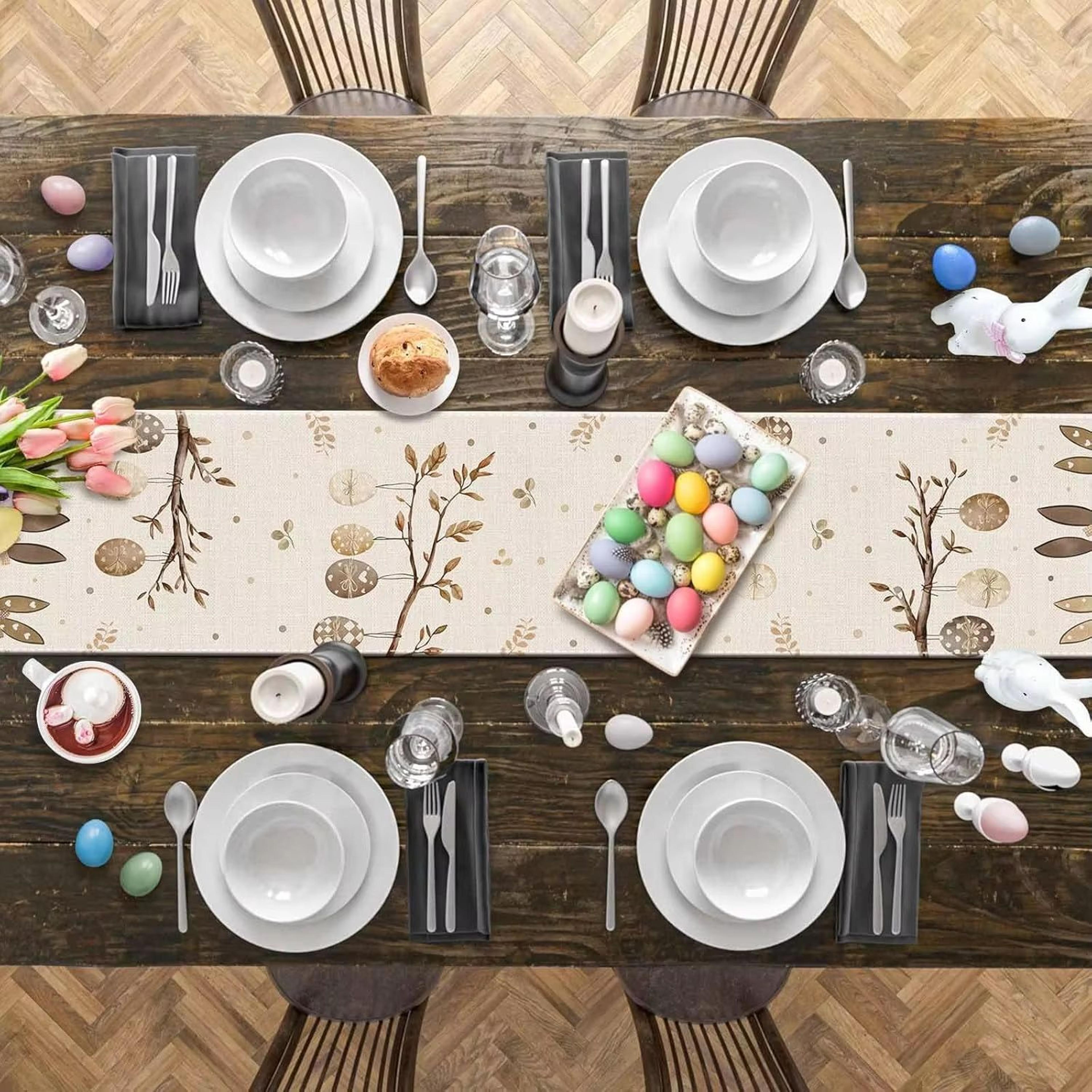Rustic Easter Bunny Linen Table Runner With Egg Print Spring Decor 3