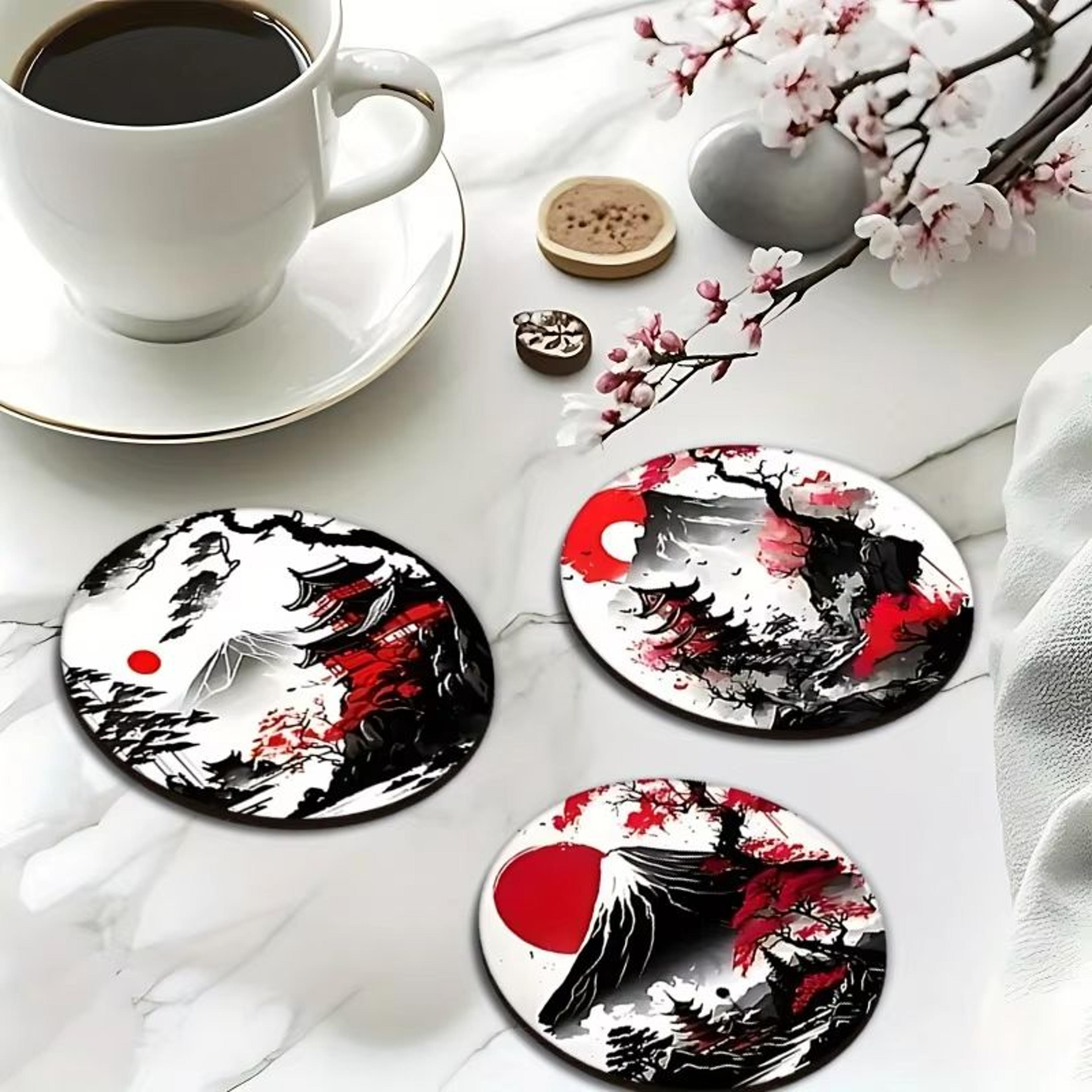 japanese landscape wooden coaster set 6pcs heatproof non slip drink coasters