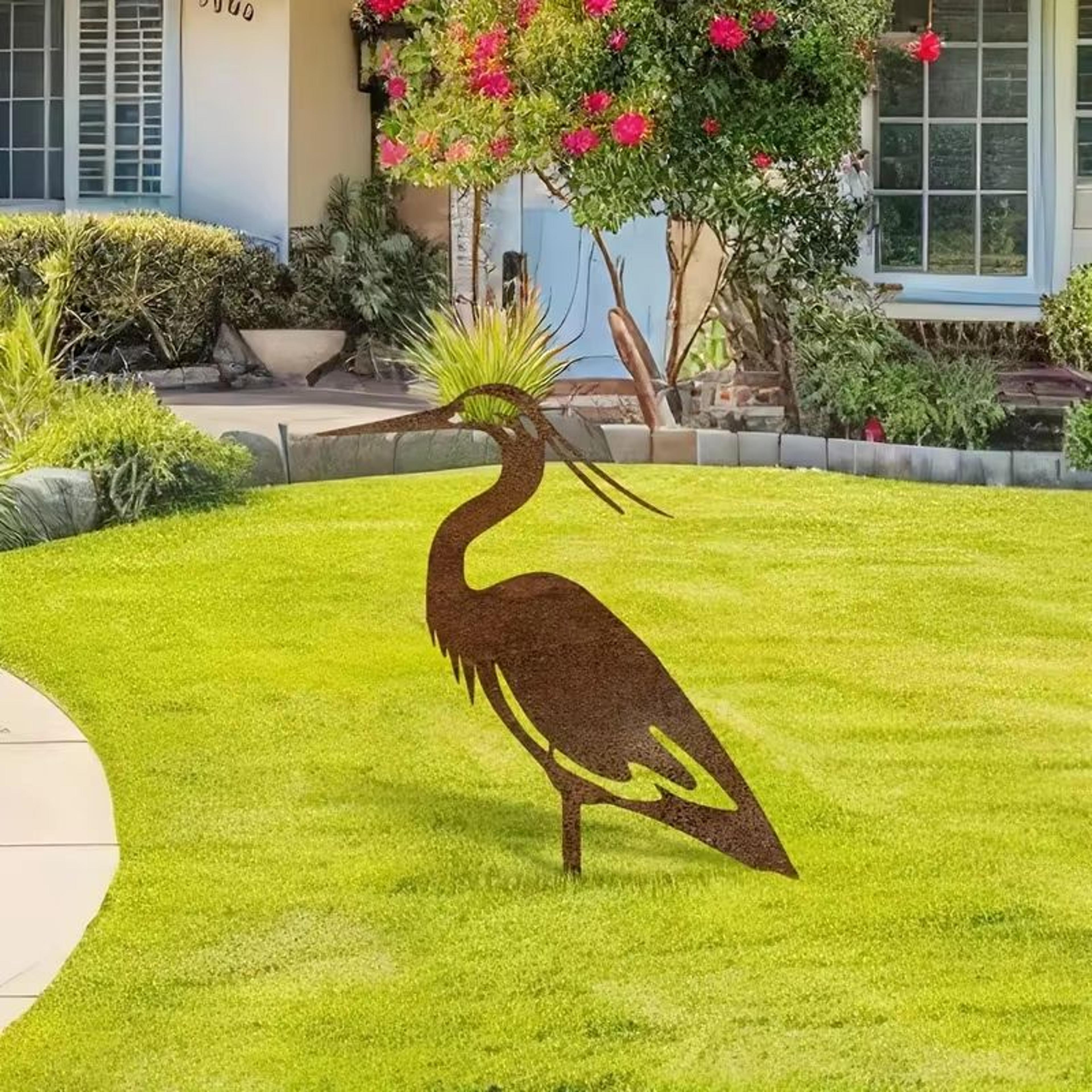 Rustic Metal Crane Garden Statue Weathered Heron Outdoor Yard Sculpture 1