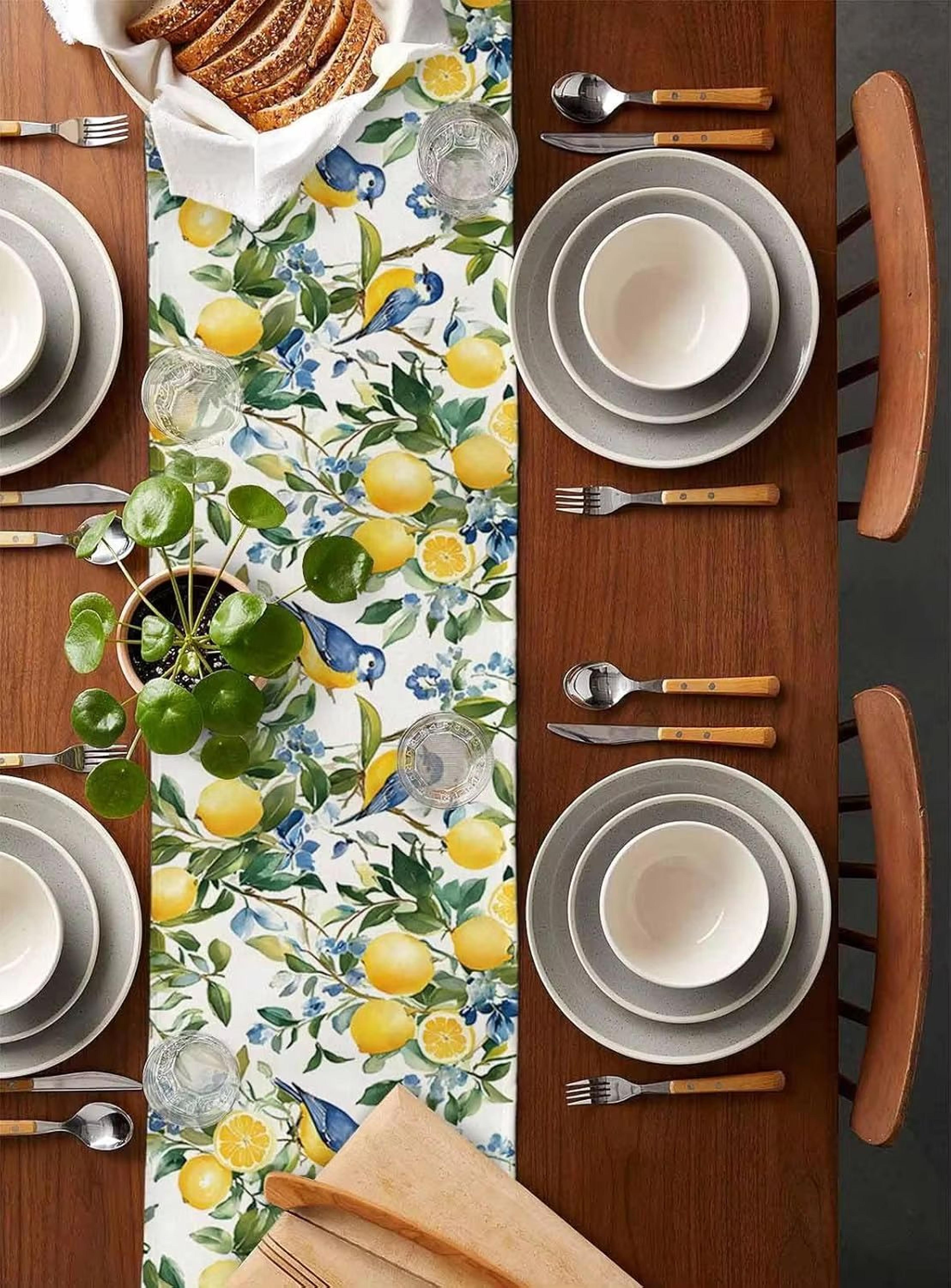 Lemon Tree Blue Bird Linen Table Runner Vintage Coastal Farmhouse Dining Decor 2