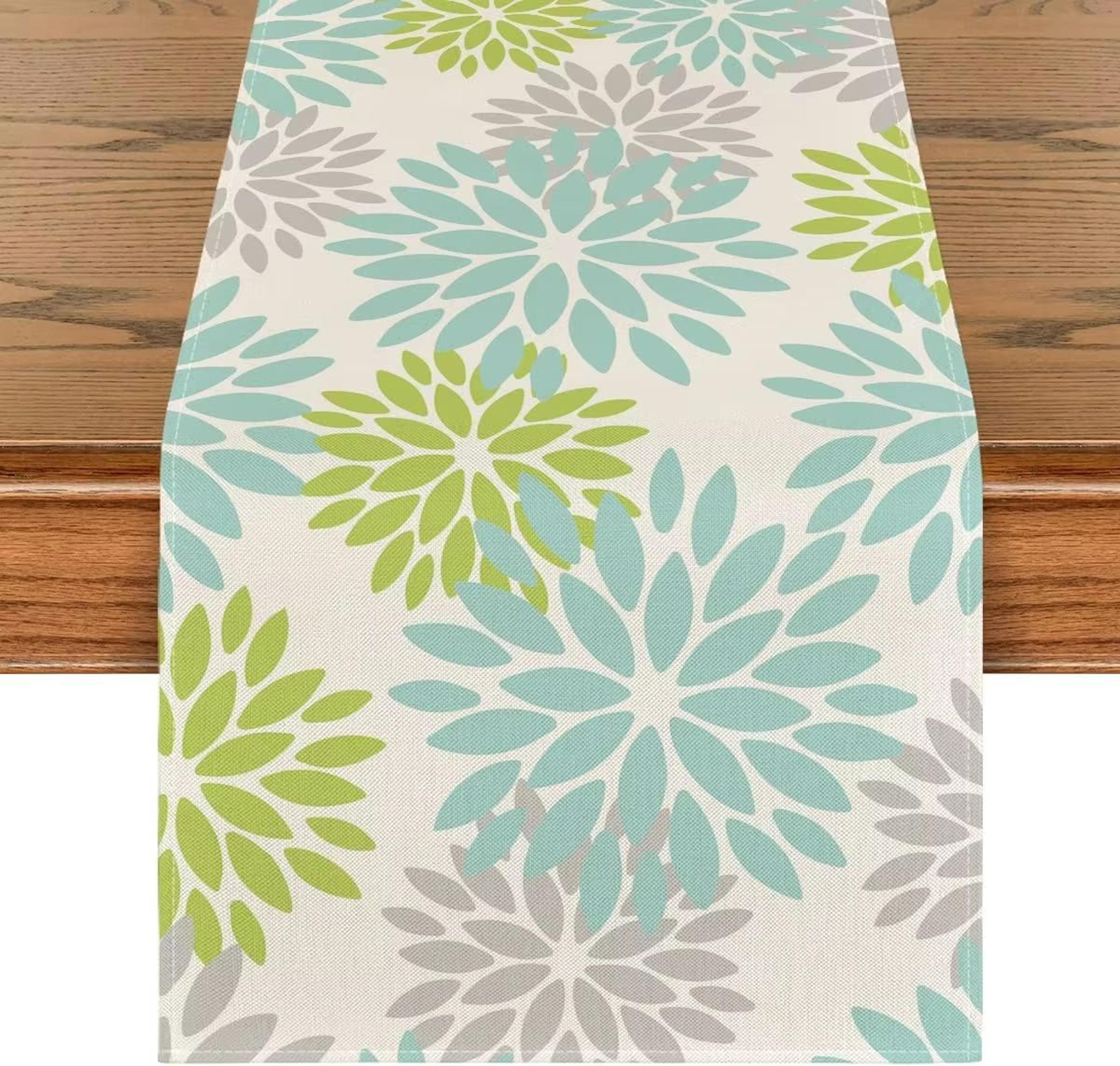 Blue Dahlia Floral Linen Table Runner Summer Spring Farmhouse Dining Decor 4