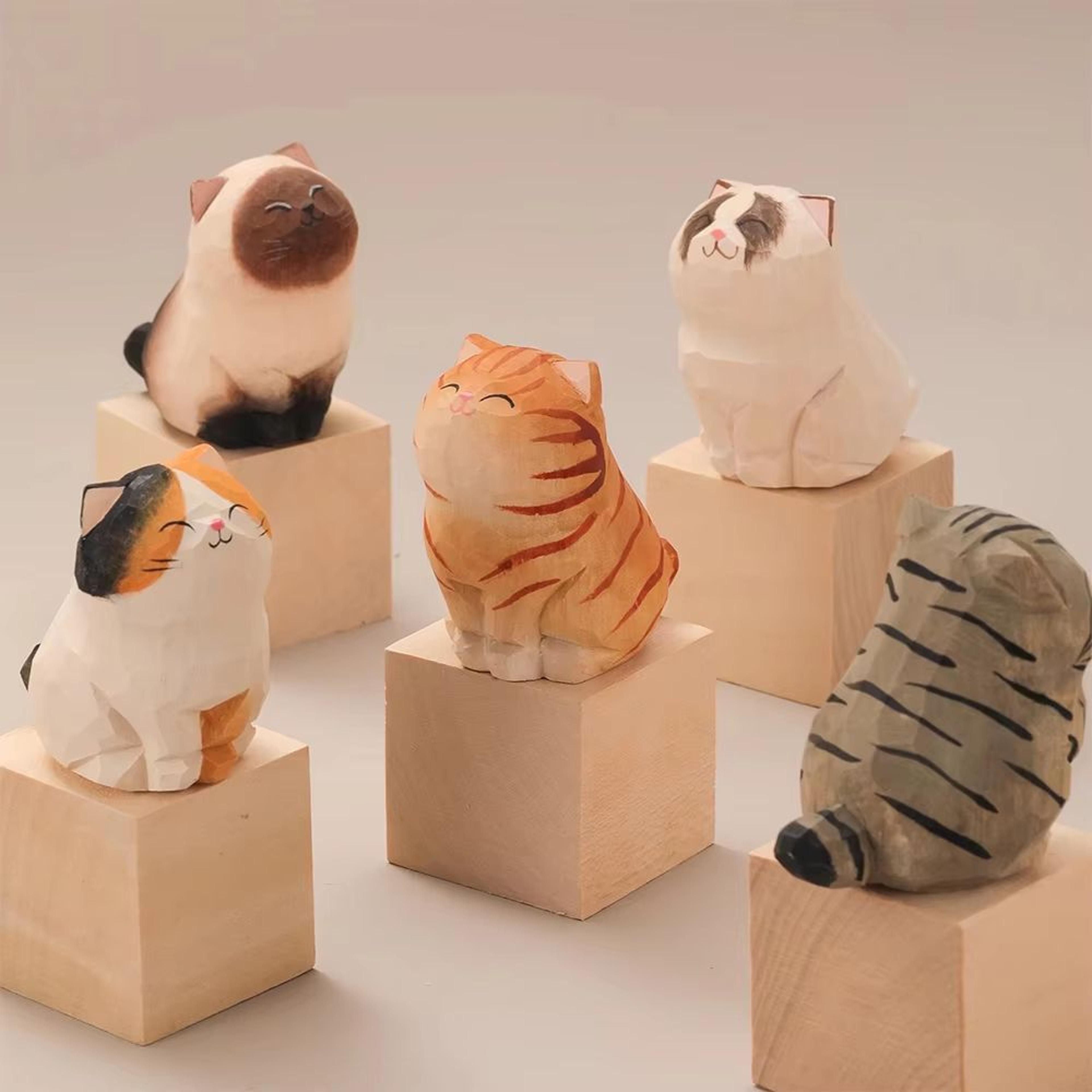 handcrafted wooden cat figurine decor cute kitten statue for desk, car, and home accent
