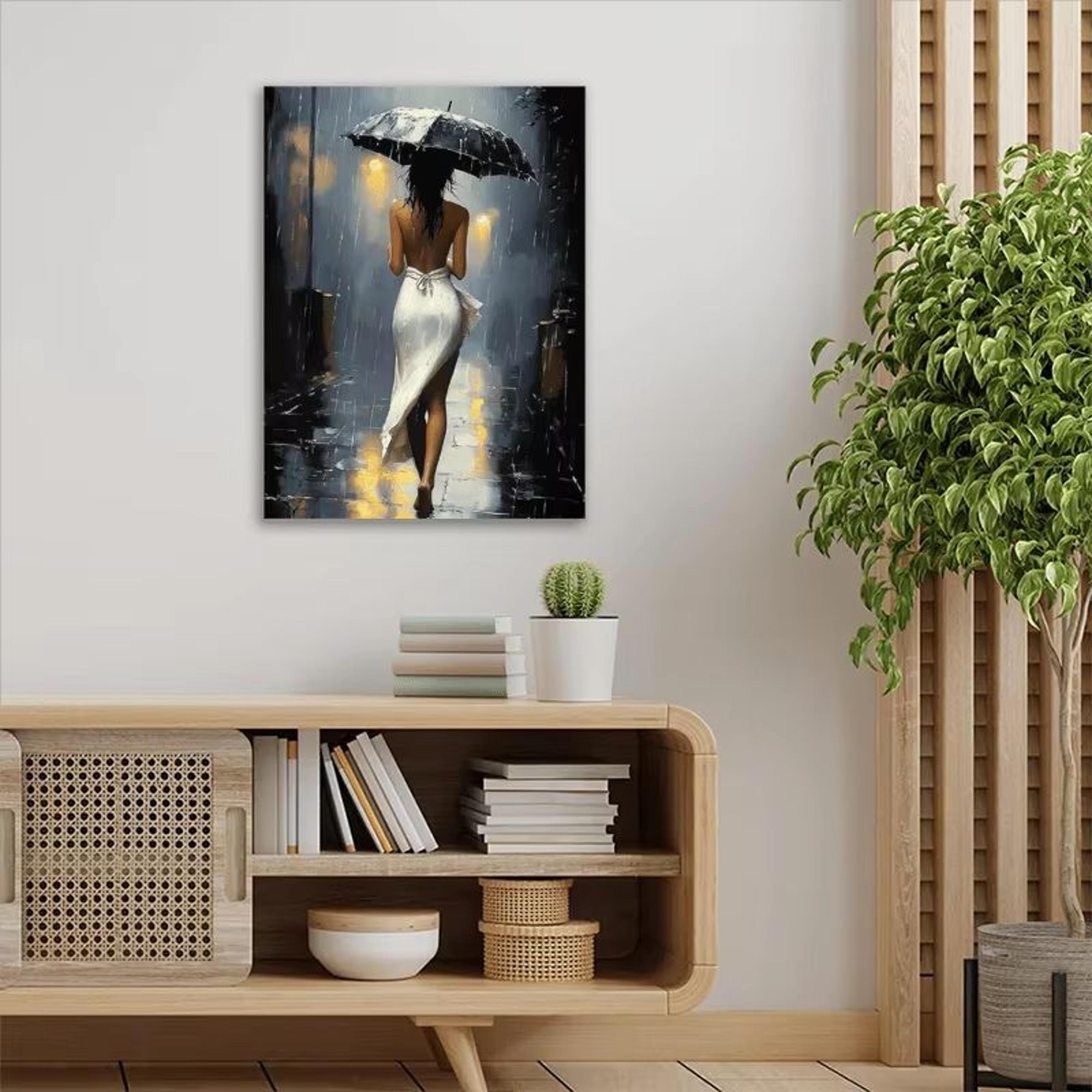 Romantic Rainy Night Canvas Wall Art Framed Elegant Umbrella Street Scene 1