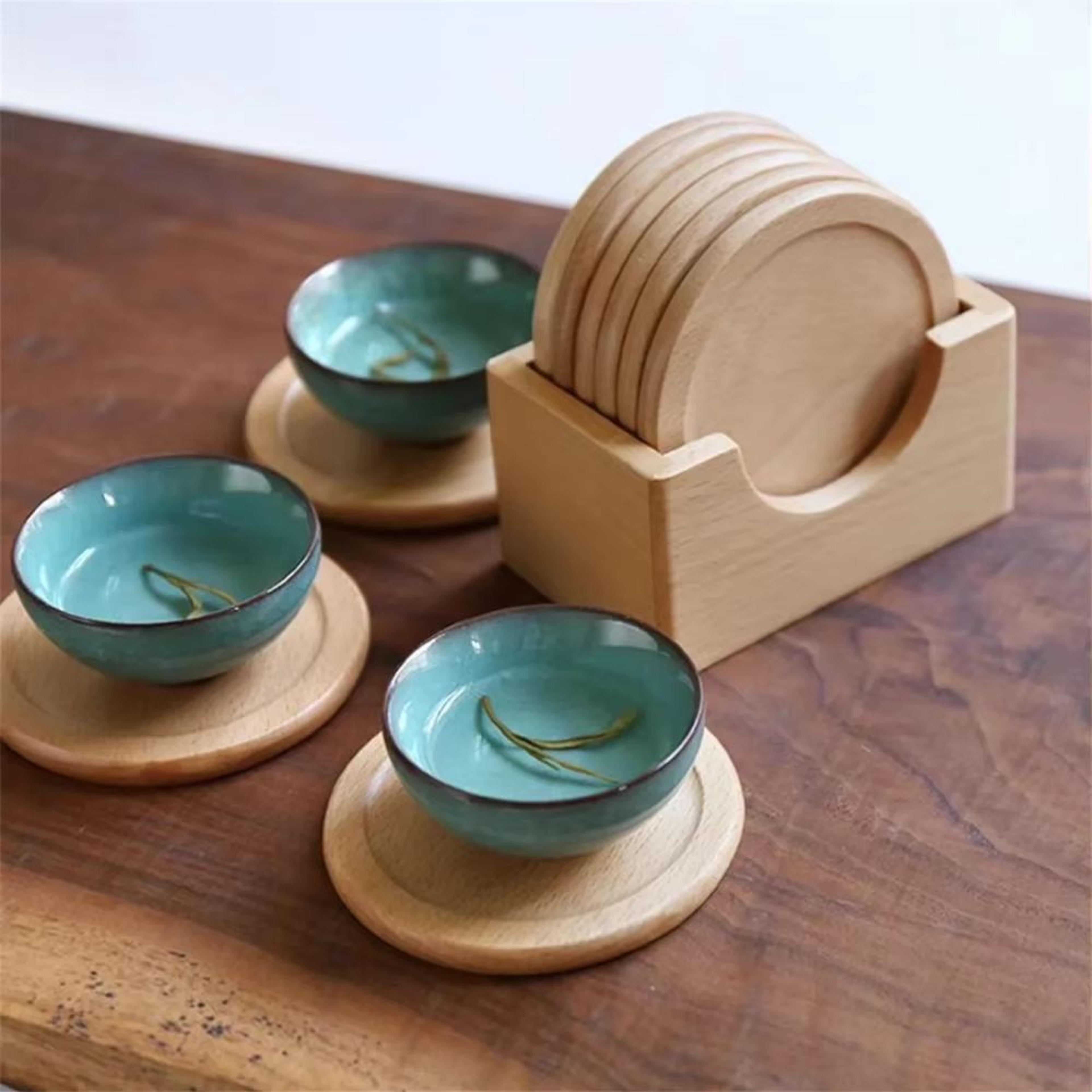 Walnut Wood Coaster Set  6Piece Japanese Style Insulated Round Drink Mats 2