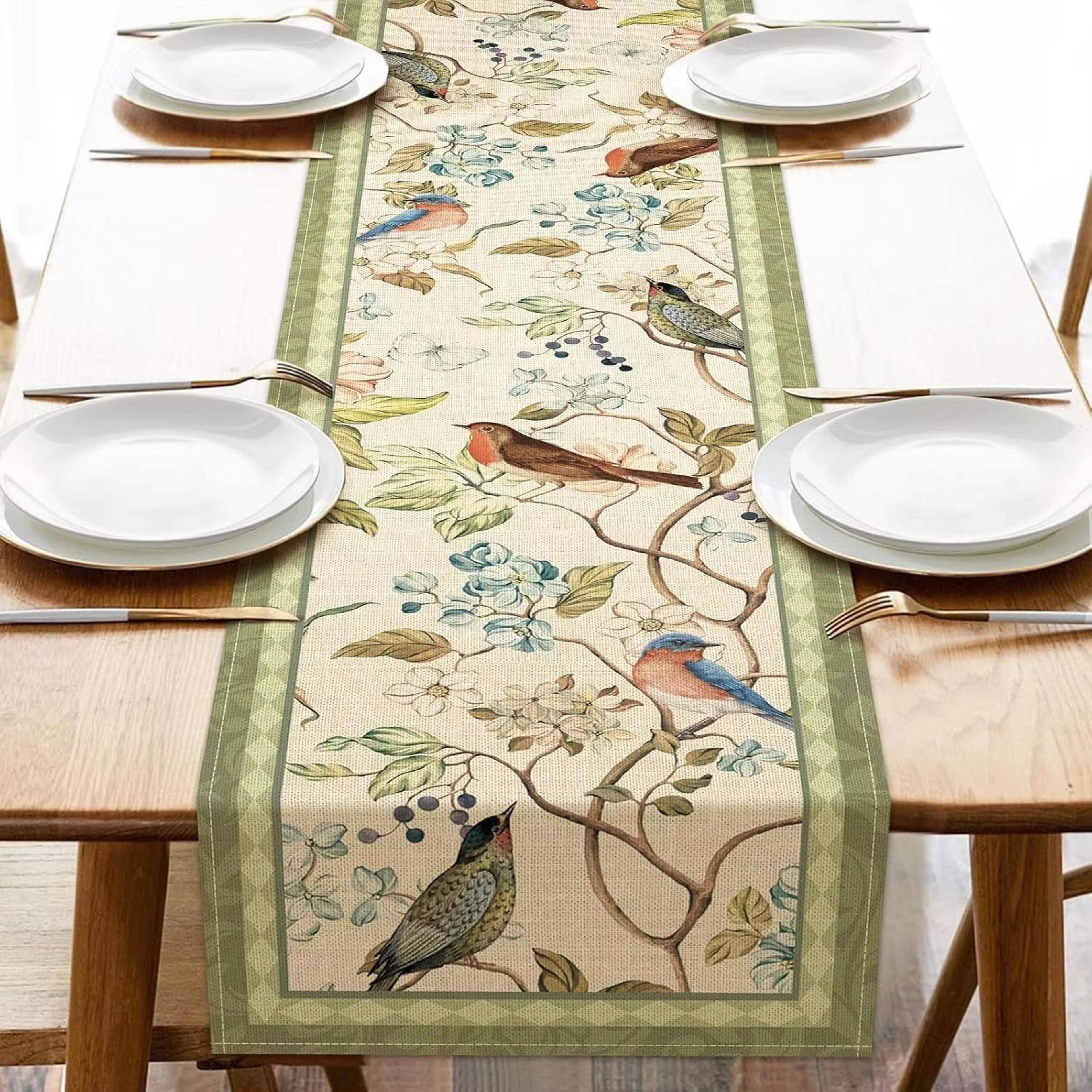 vintage floral birds linen table runner farmhouse summer dining table decor