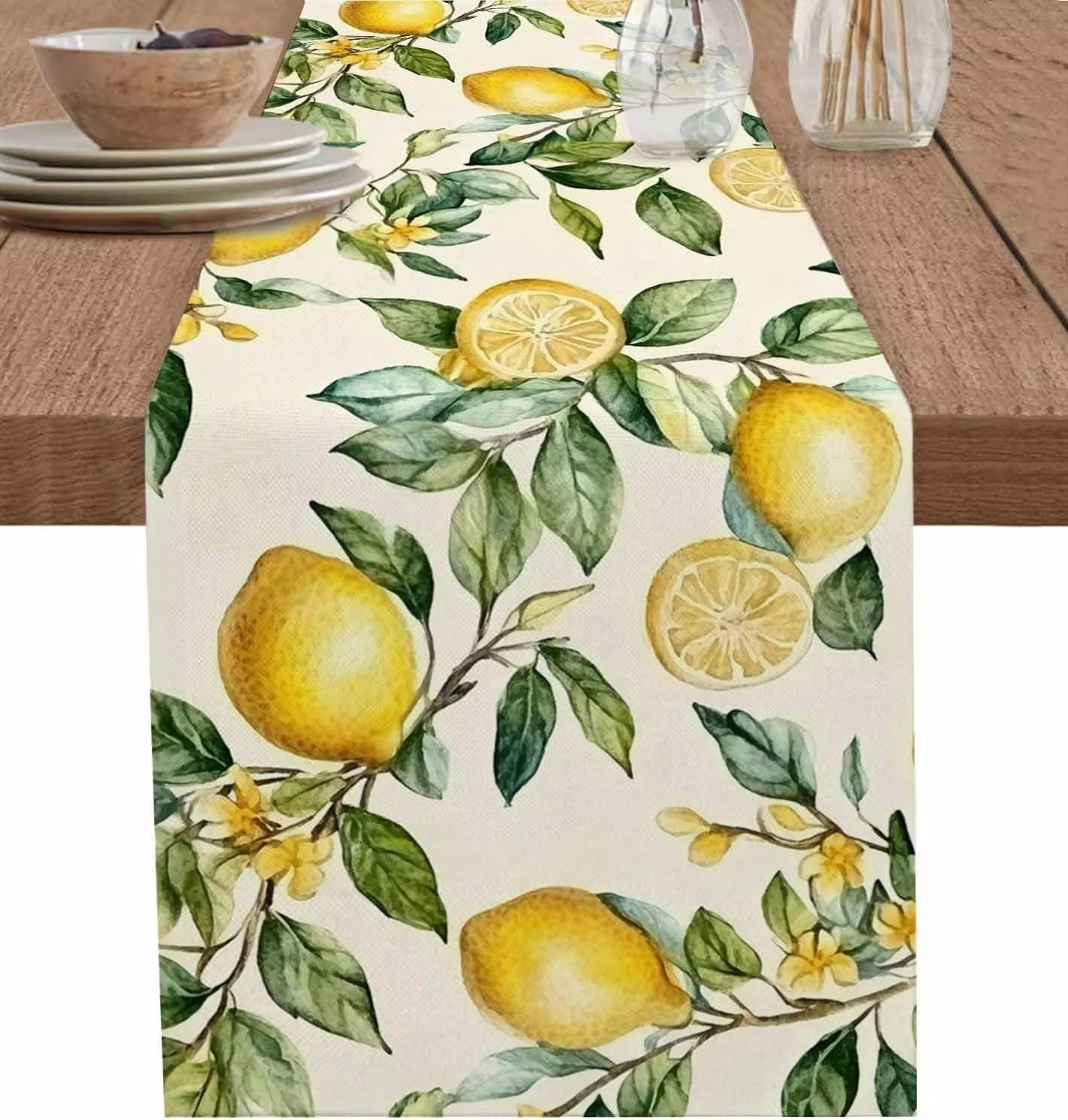 watercolor lemon linen table runner summer green leaf dining table decor