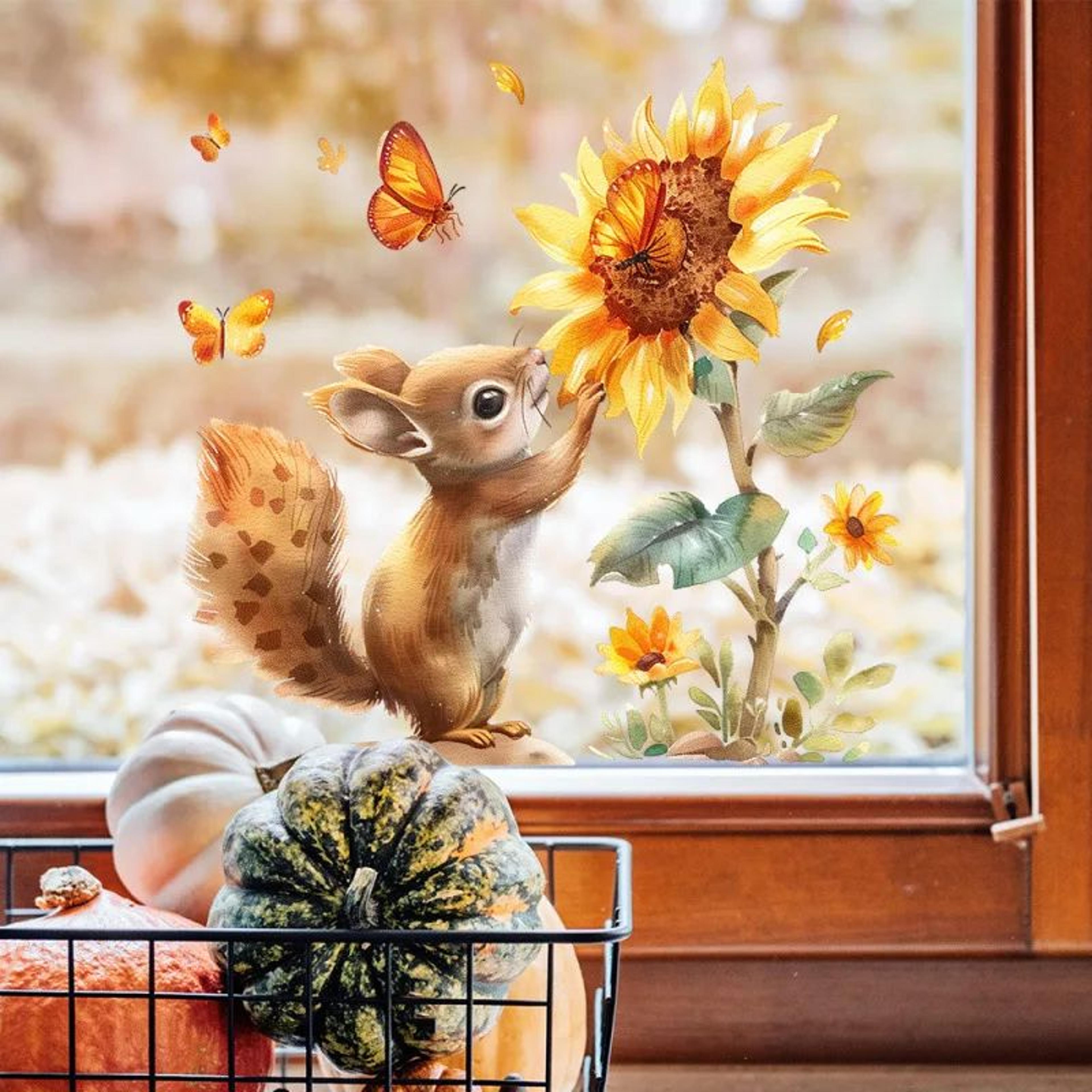 Rustic Watercolor Squirrel Sunflower Wall Decal Removable Window Sticker 1