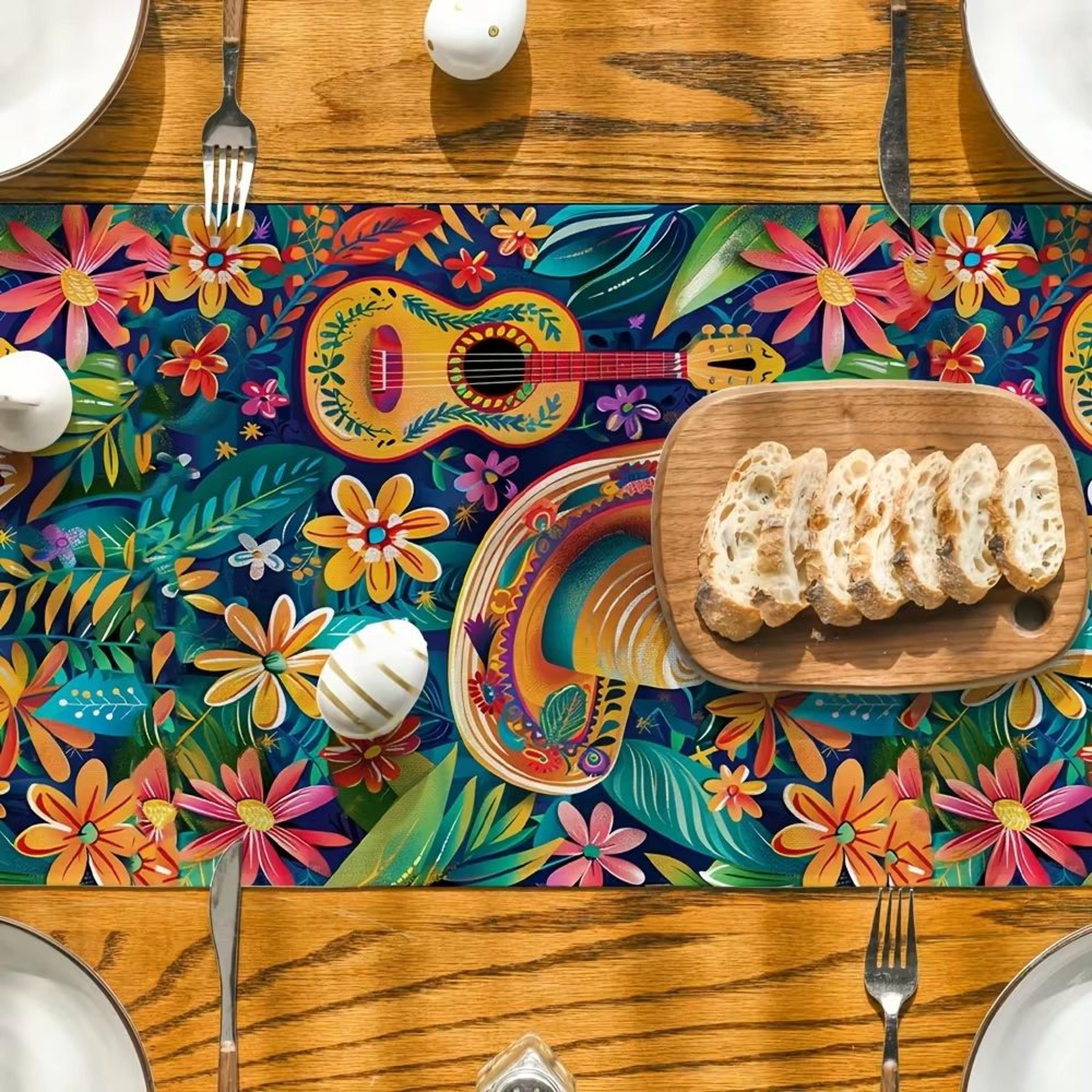 Mexican Fiesta Linen Table Runner With Cactus And Day Of The Dead Design 3