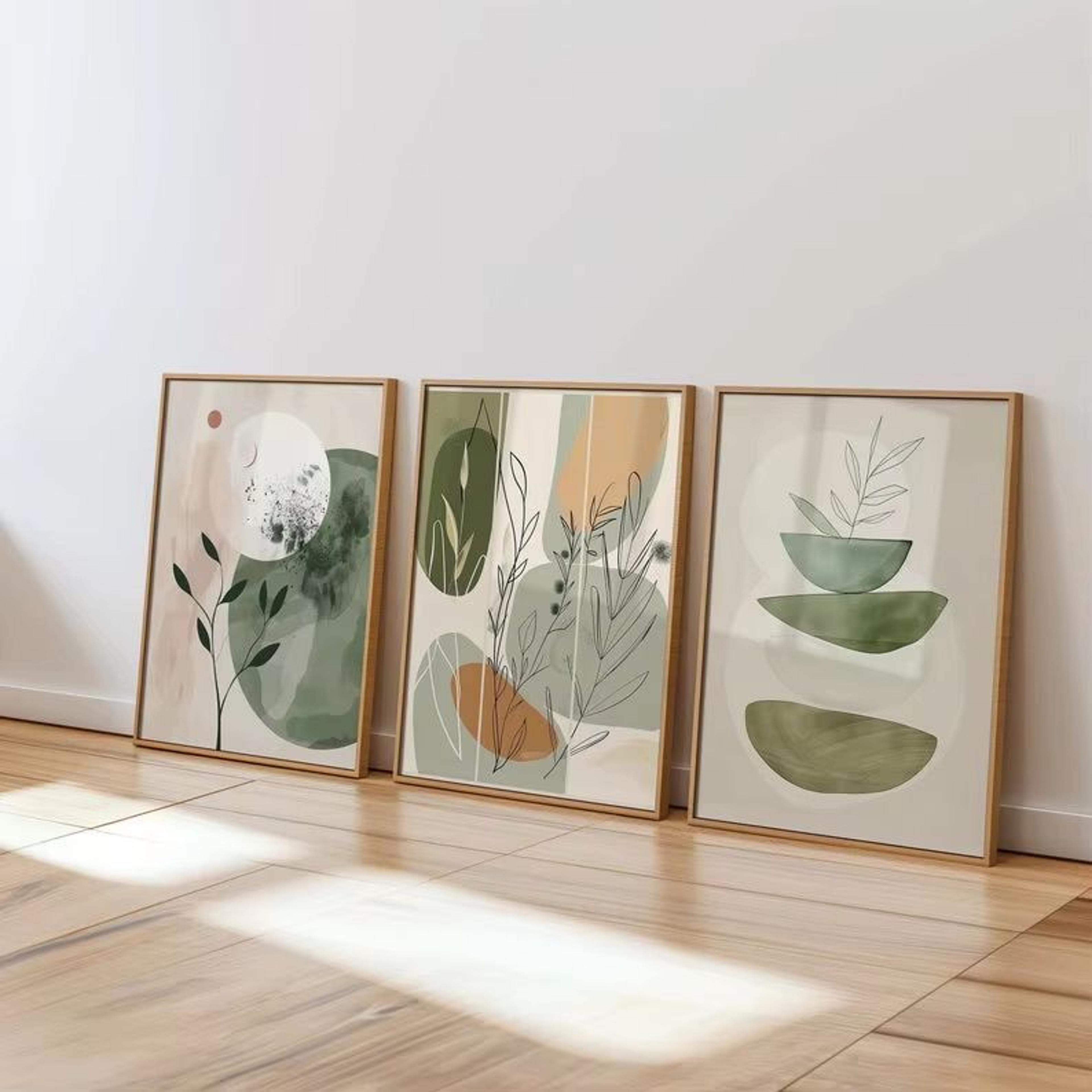 bohemian flower canvas wall art set 3pcs minimalist earth tone botanical decor