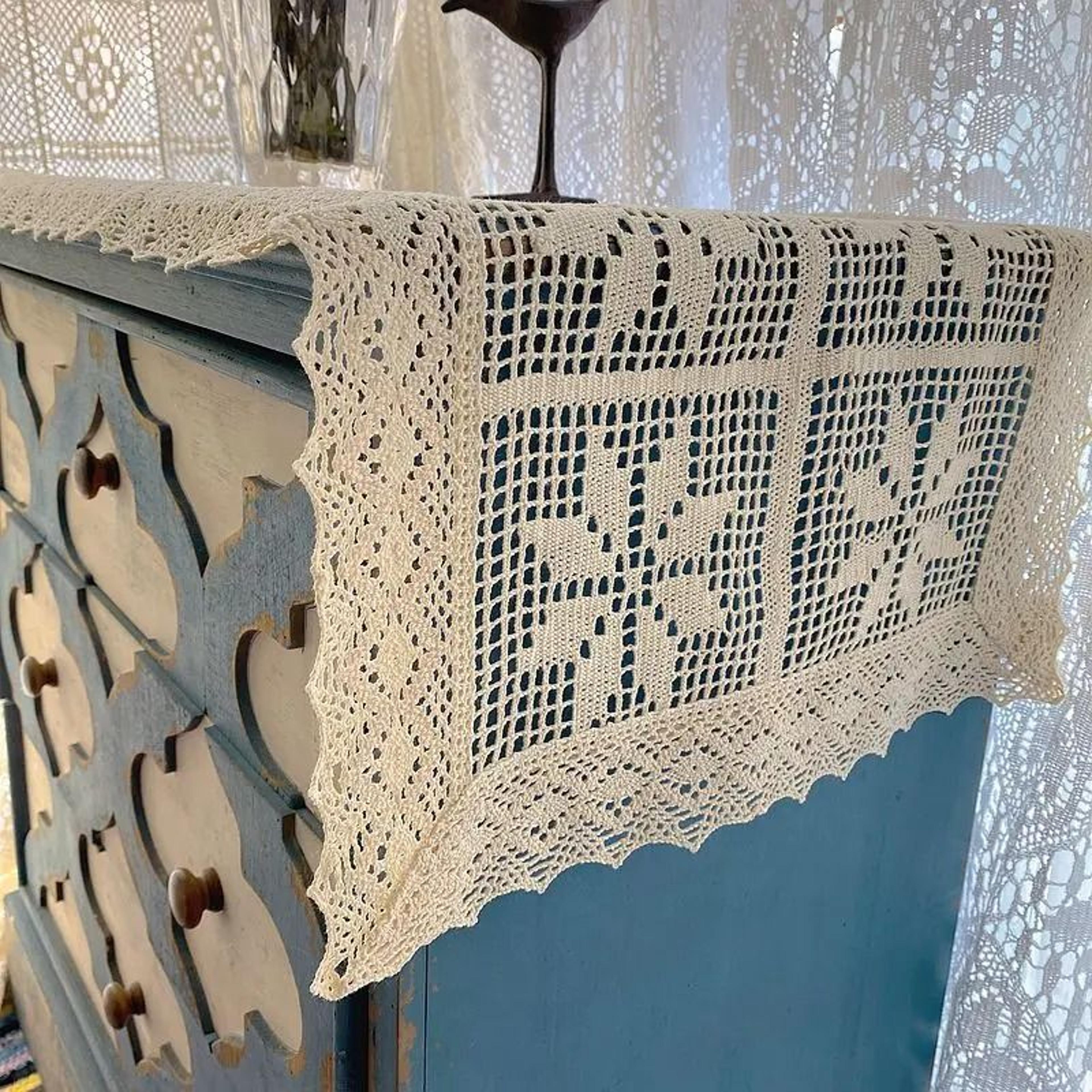 Retro Crochet Cotton Linen Table Runner With Lace Edge Boho Vintage Table Decor 1