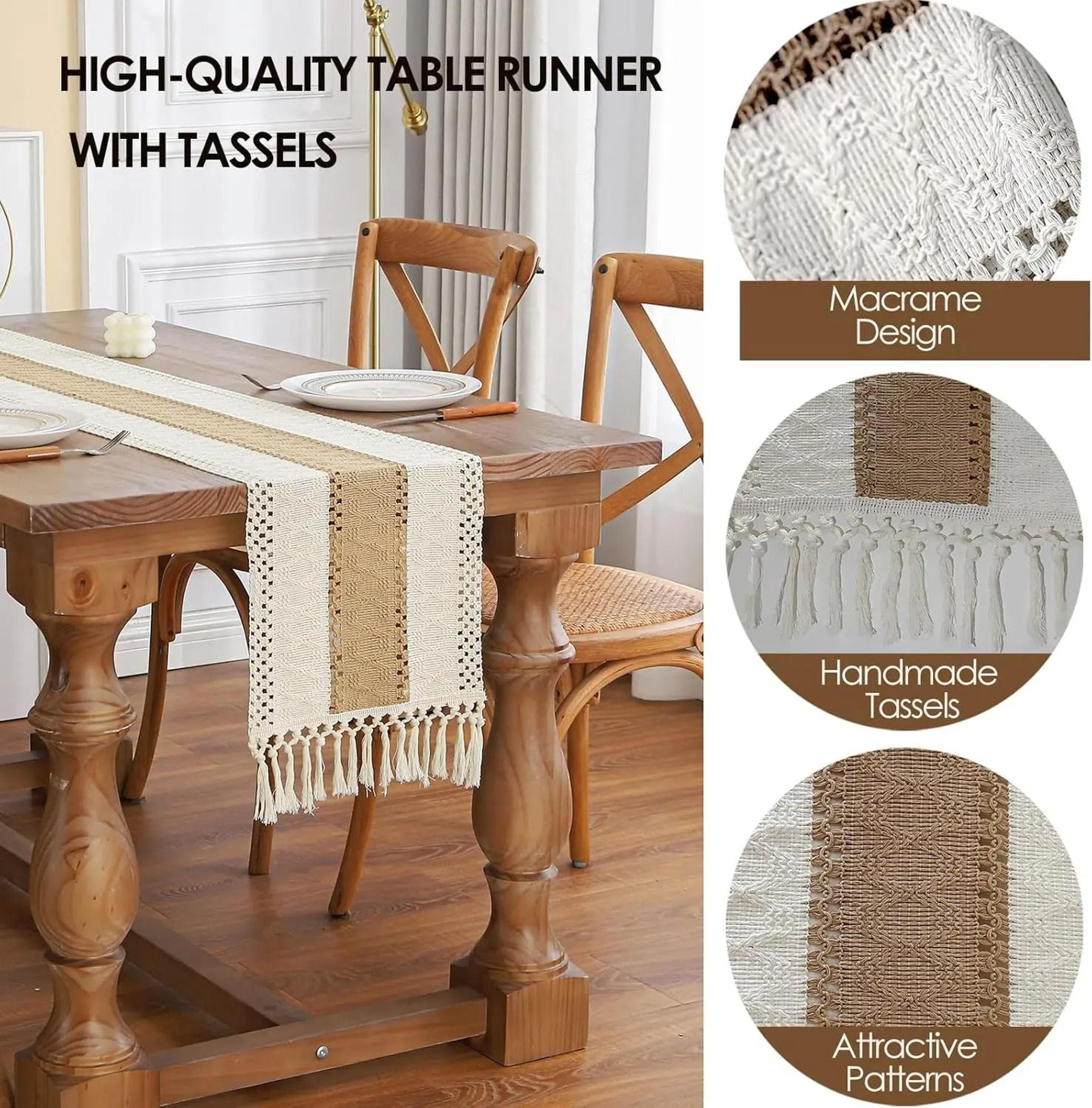 Boho Farmhouse Linen Table Runner With Tassels Rustic Macrame Dining Decor 1