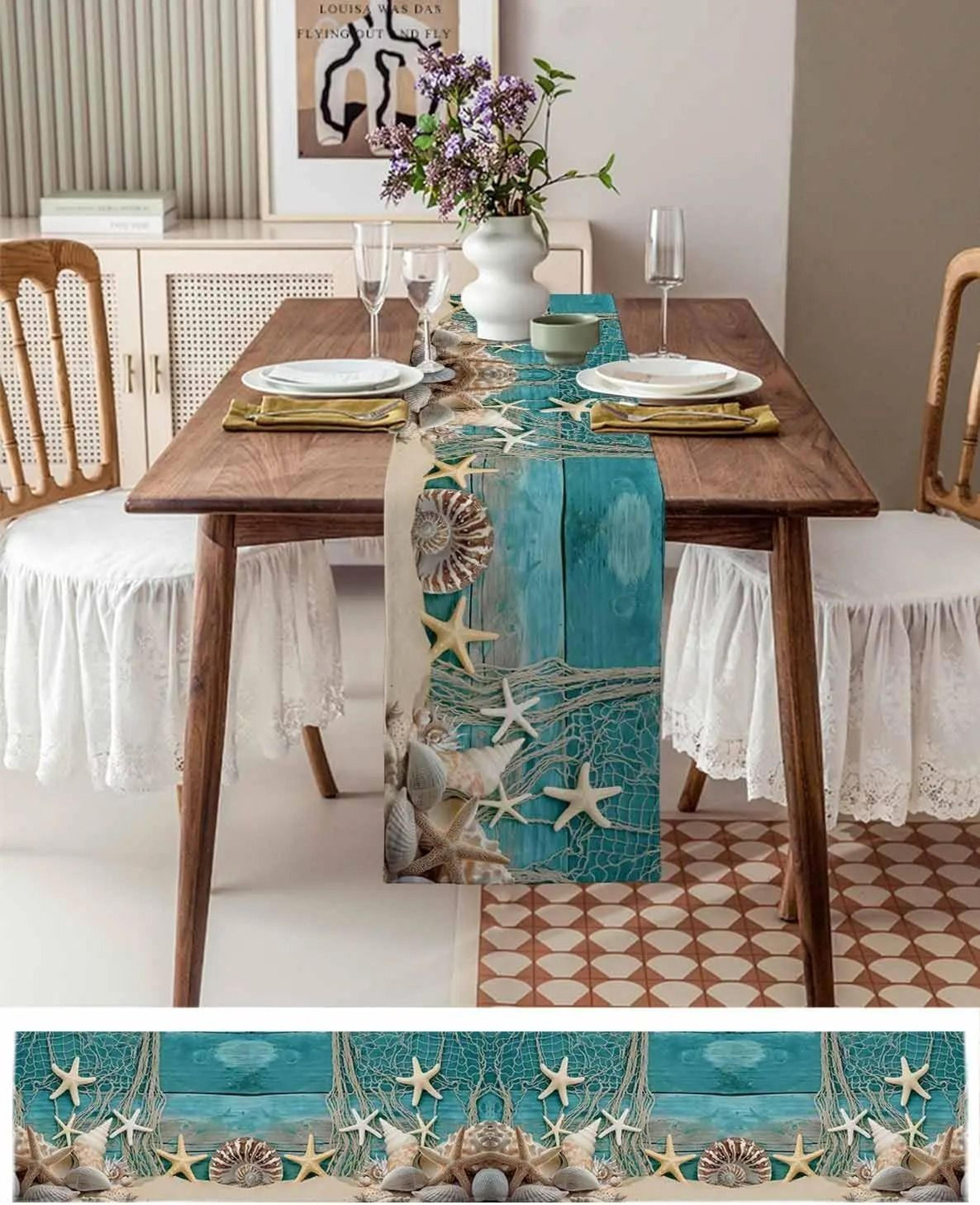 Coastal Starfish Linen Table Runner  Beach Table Runner Summer Ocean Shell Decor 1