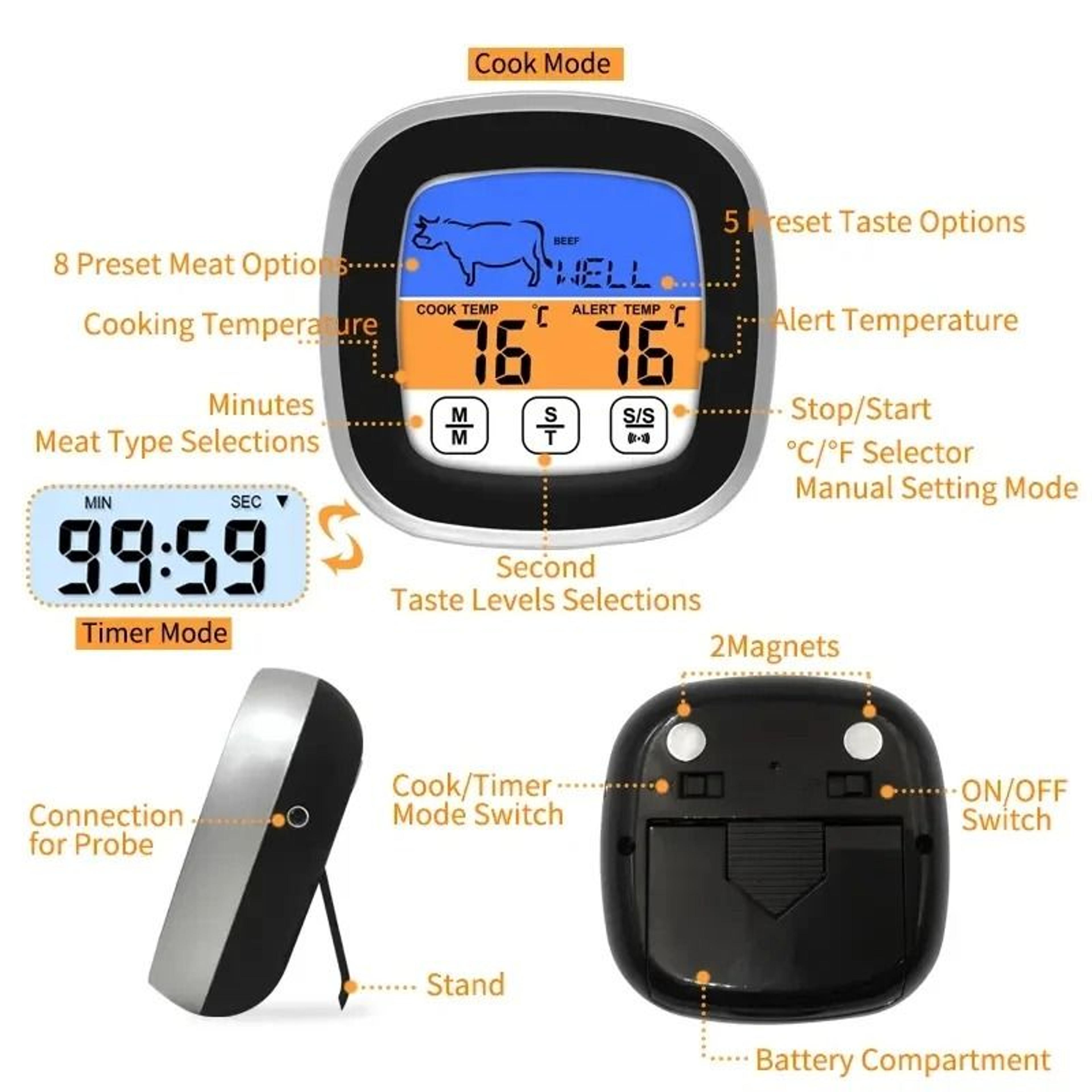 Digital Touchscreen Meat Thermometer With Timer And Precision Probe For BBQ And Kitchen 2