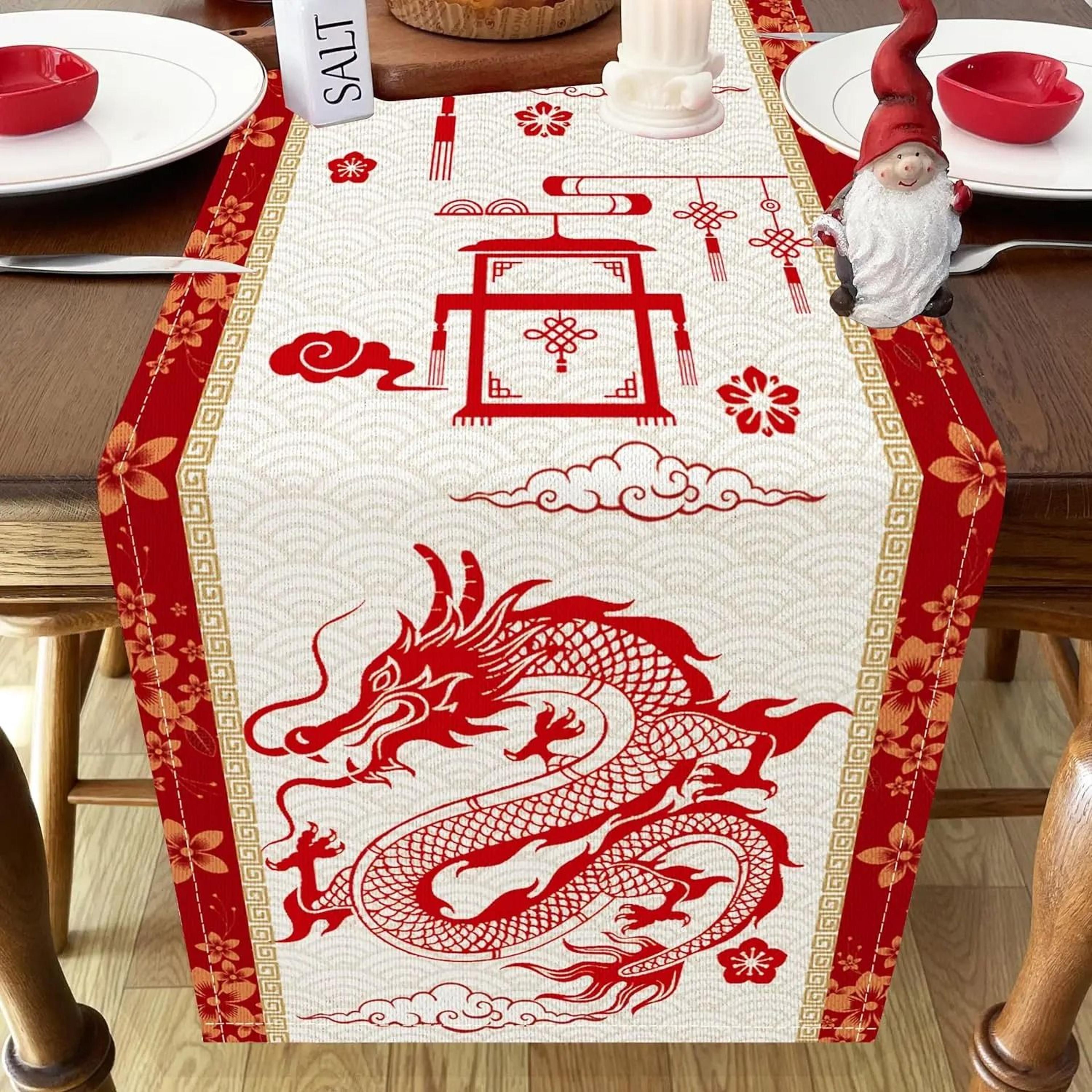 Chinese New Year Dragon Linen Table Runner Festive Spring Festival Dining Decor 3