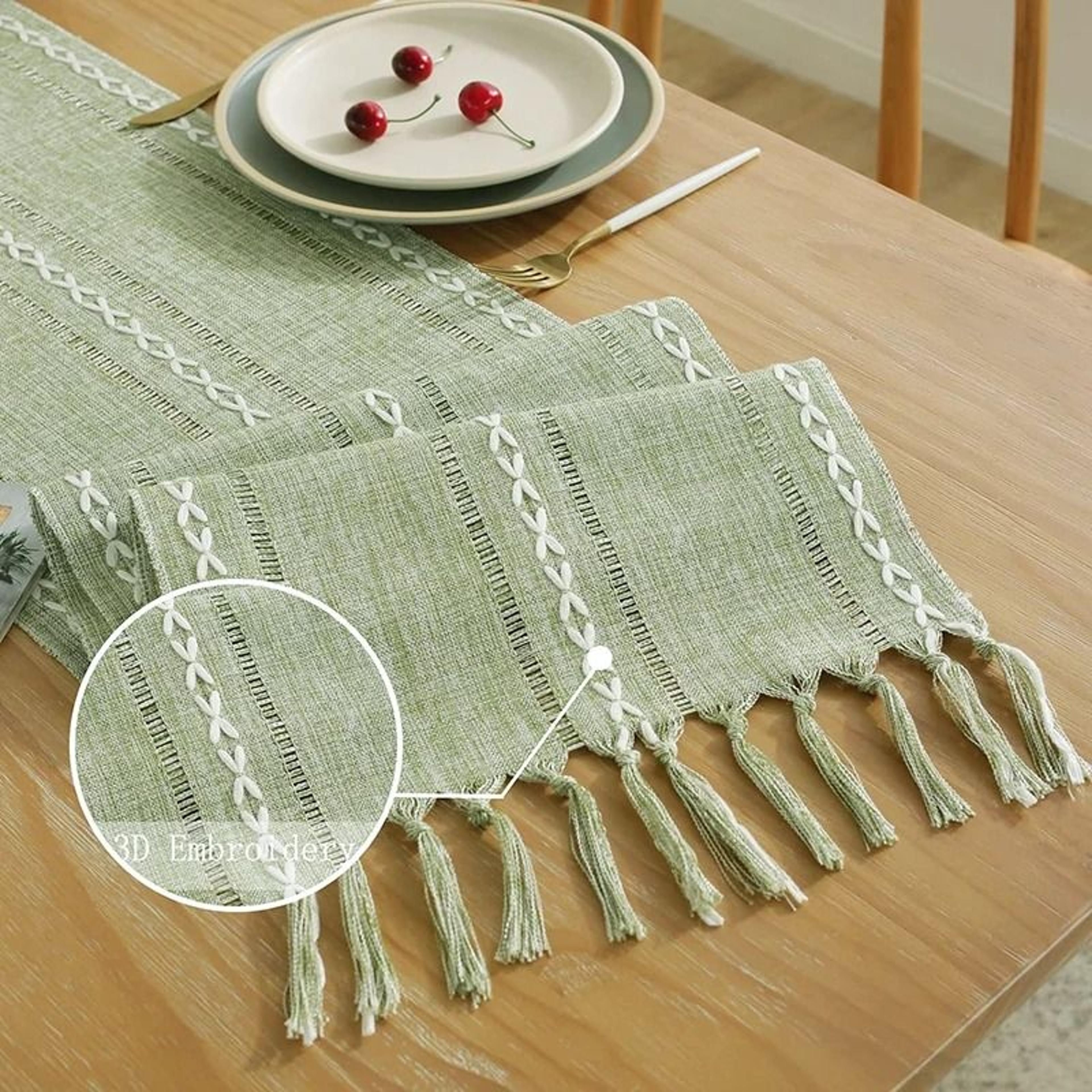 Boho Green Linen Table Runner With Tassels Rustic Farmhouse Striped Dining Decor 5