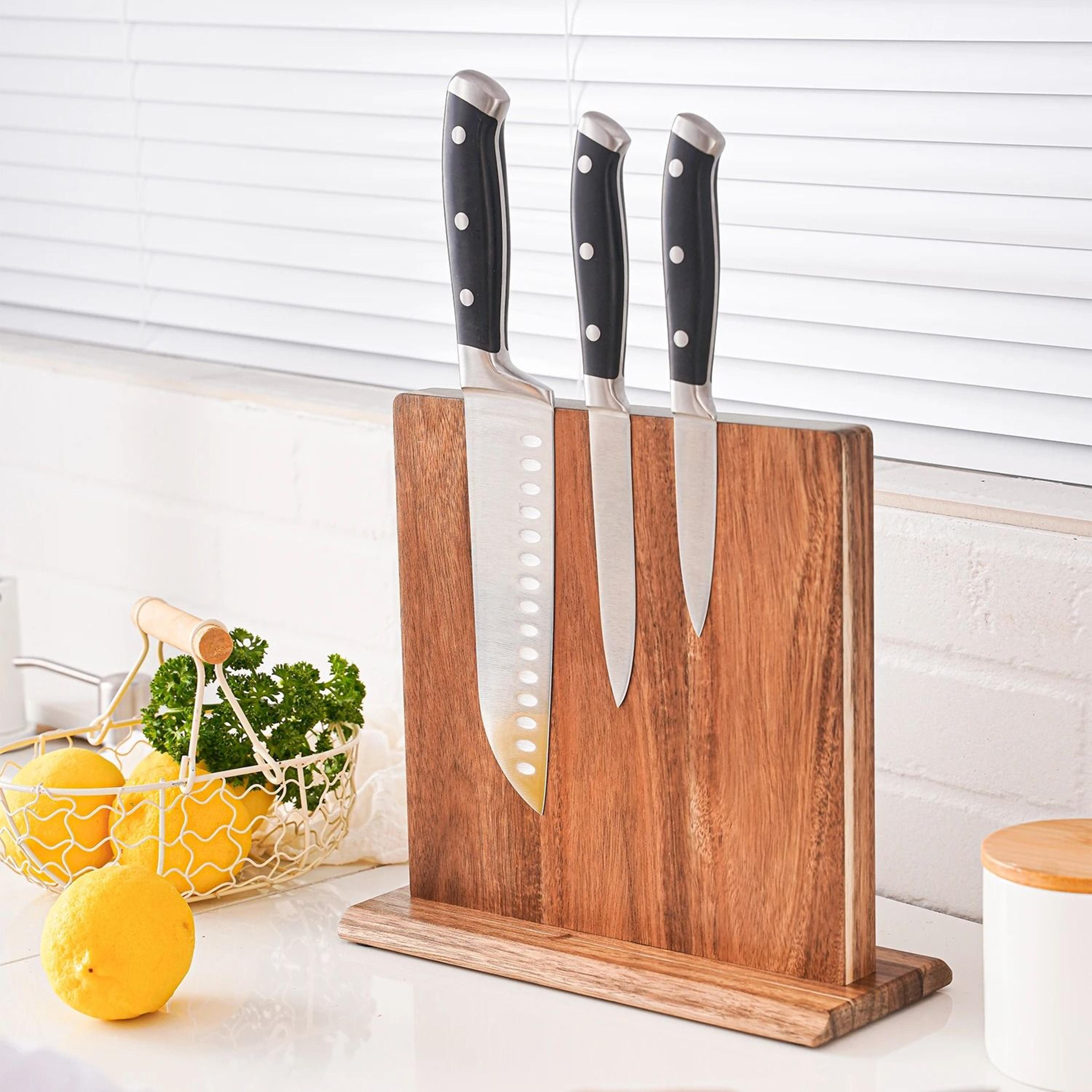 acacia wood magnetic knife holder strong magnet countertop knife block stand