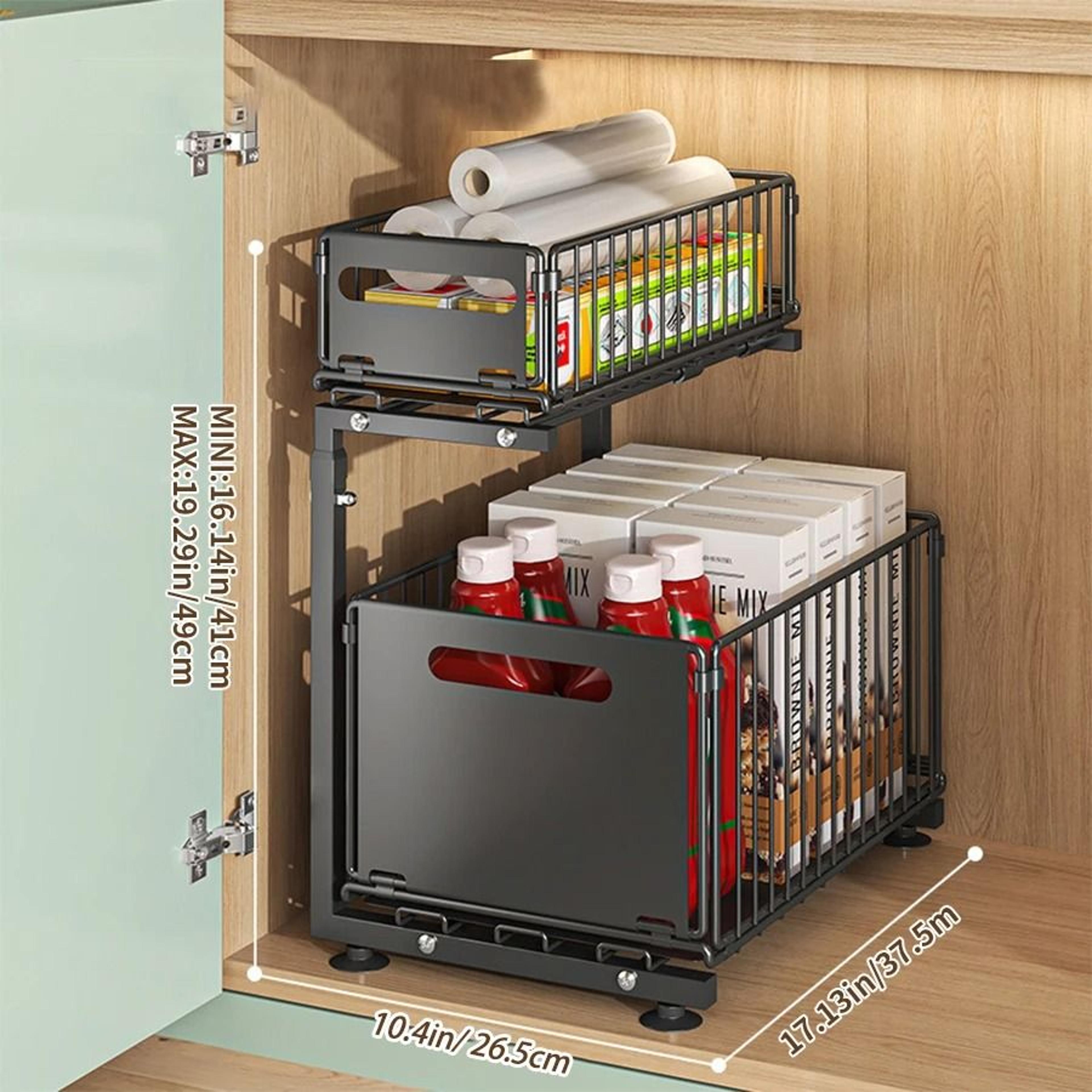 Adjustable 2Tier Under Sink Organizer PullOut Sliding Cabinet Storage Rack With Height Control 7