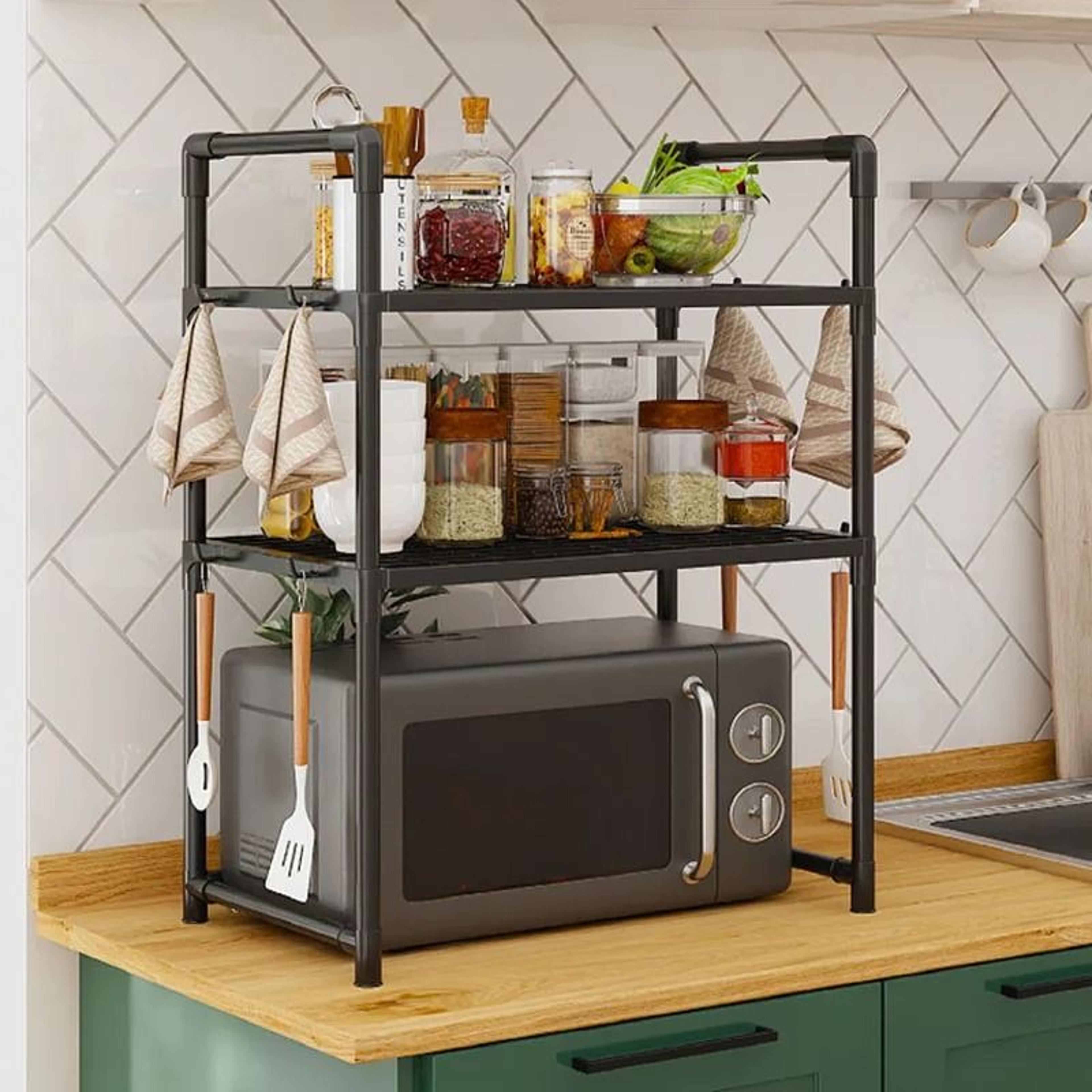 Expandable Microwave Shelf Organizer Adjustable MultiLayer Kitchen Storage Rack With Hooks 0