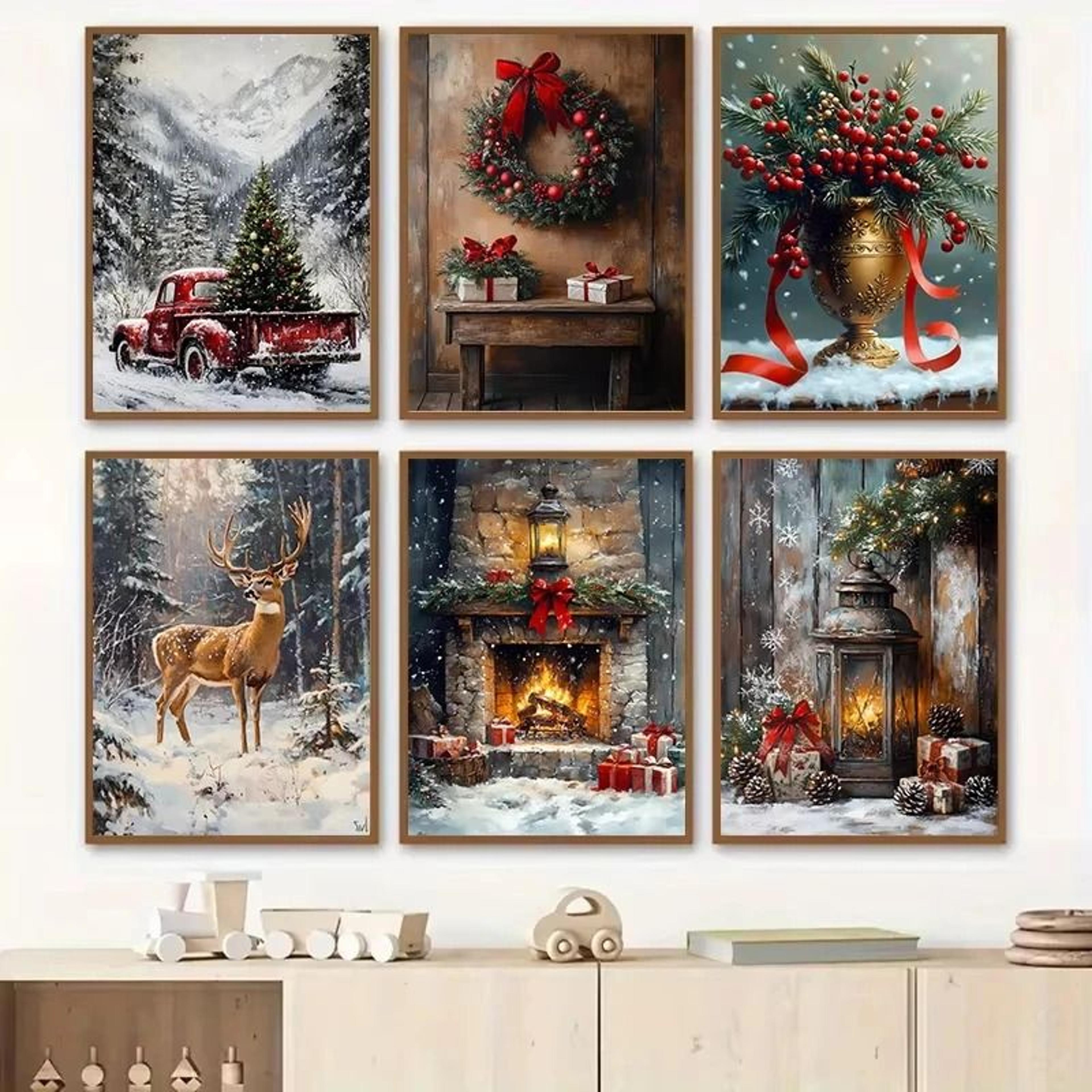 vintage red truck christmas canvas wall art nordic winter scene with reindeer decor