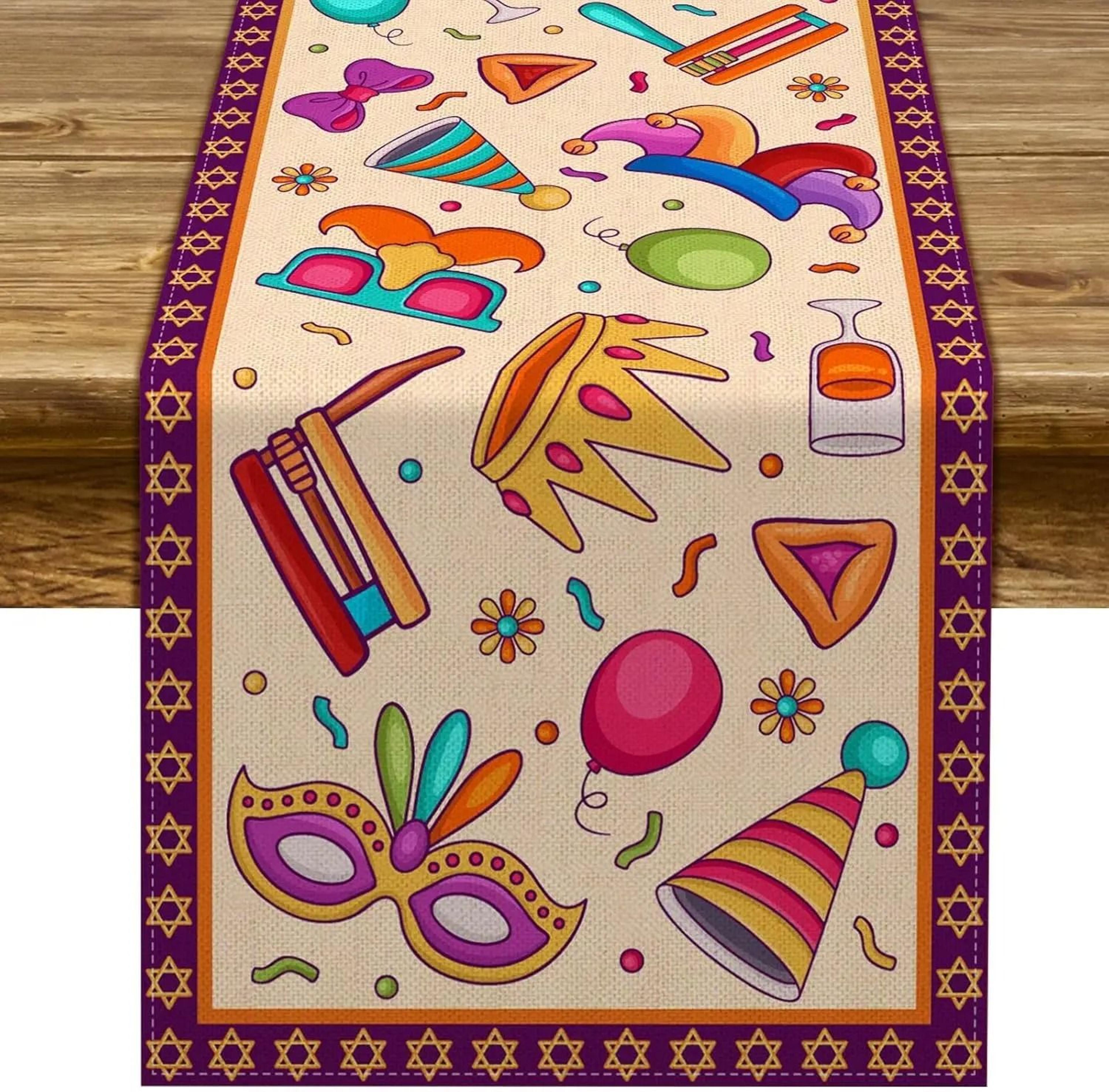 Happy Purim Linen Table Runner With Carnival Masque Design For Festive Dining Decor 5