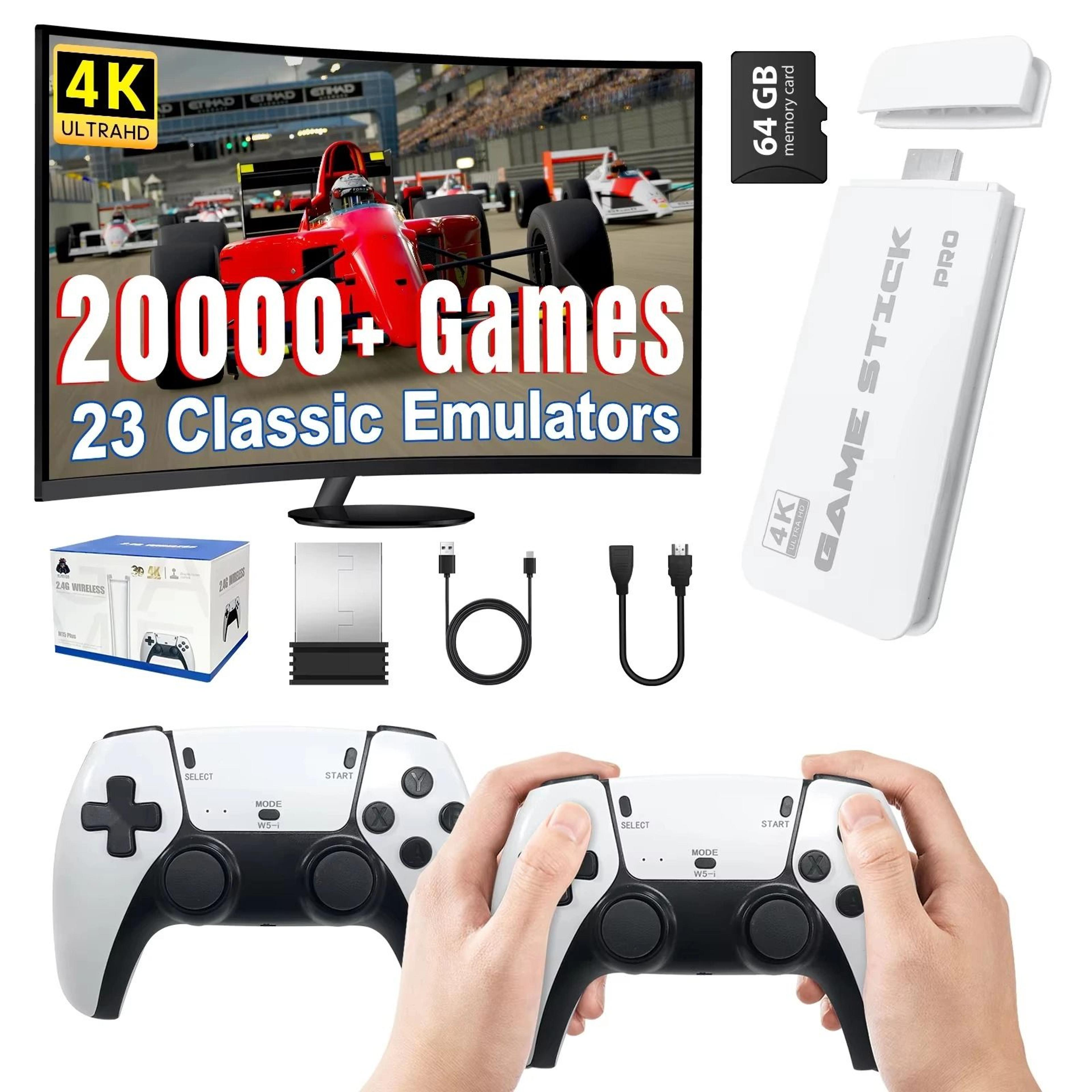 4k game stick retro game console with 20000 games and wireless controllers