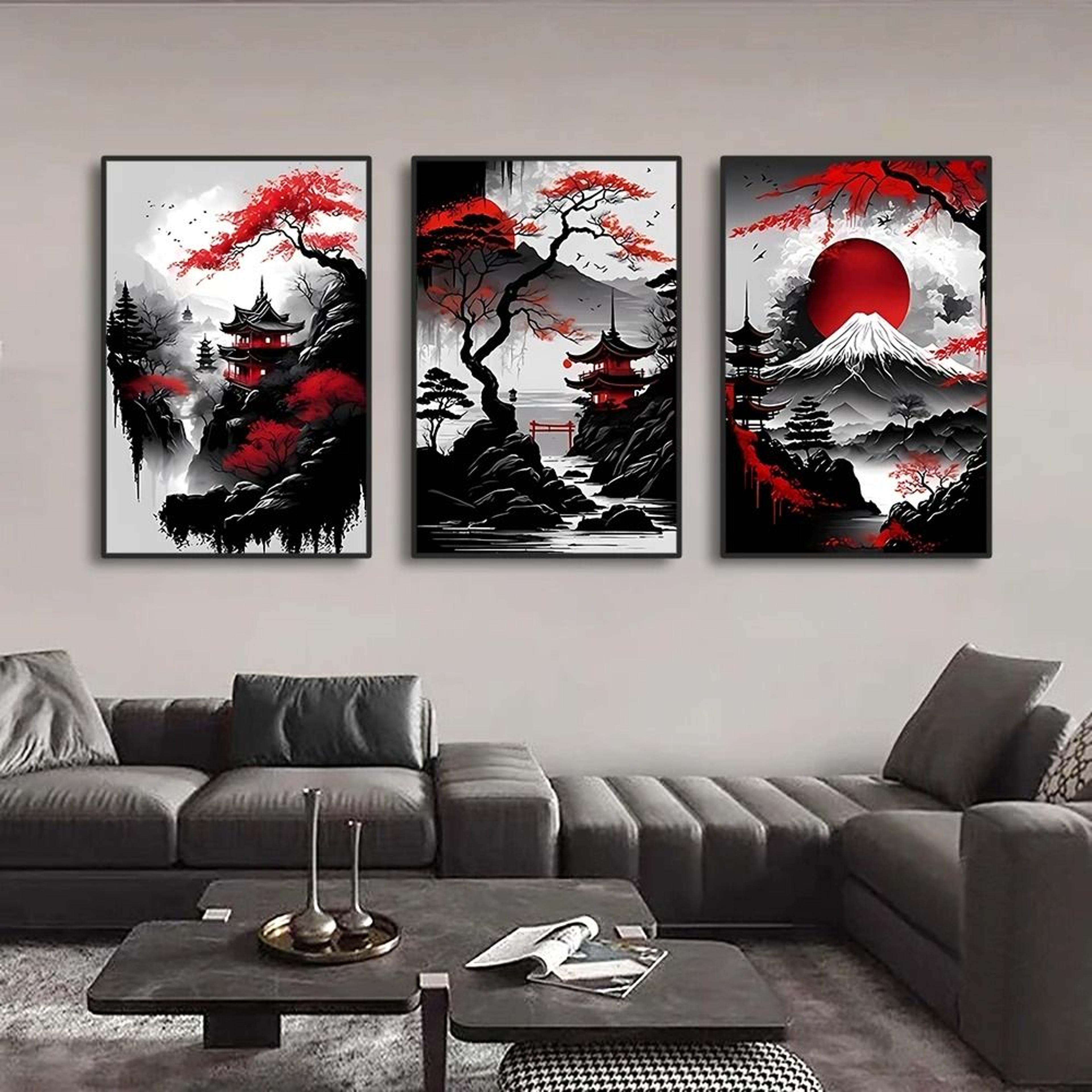 3pcs vintage japanese landscape canvas wall art set for modern japandi home decor