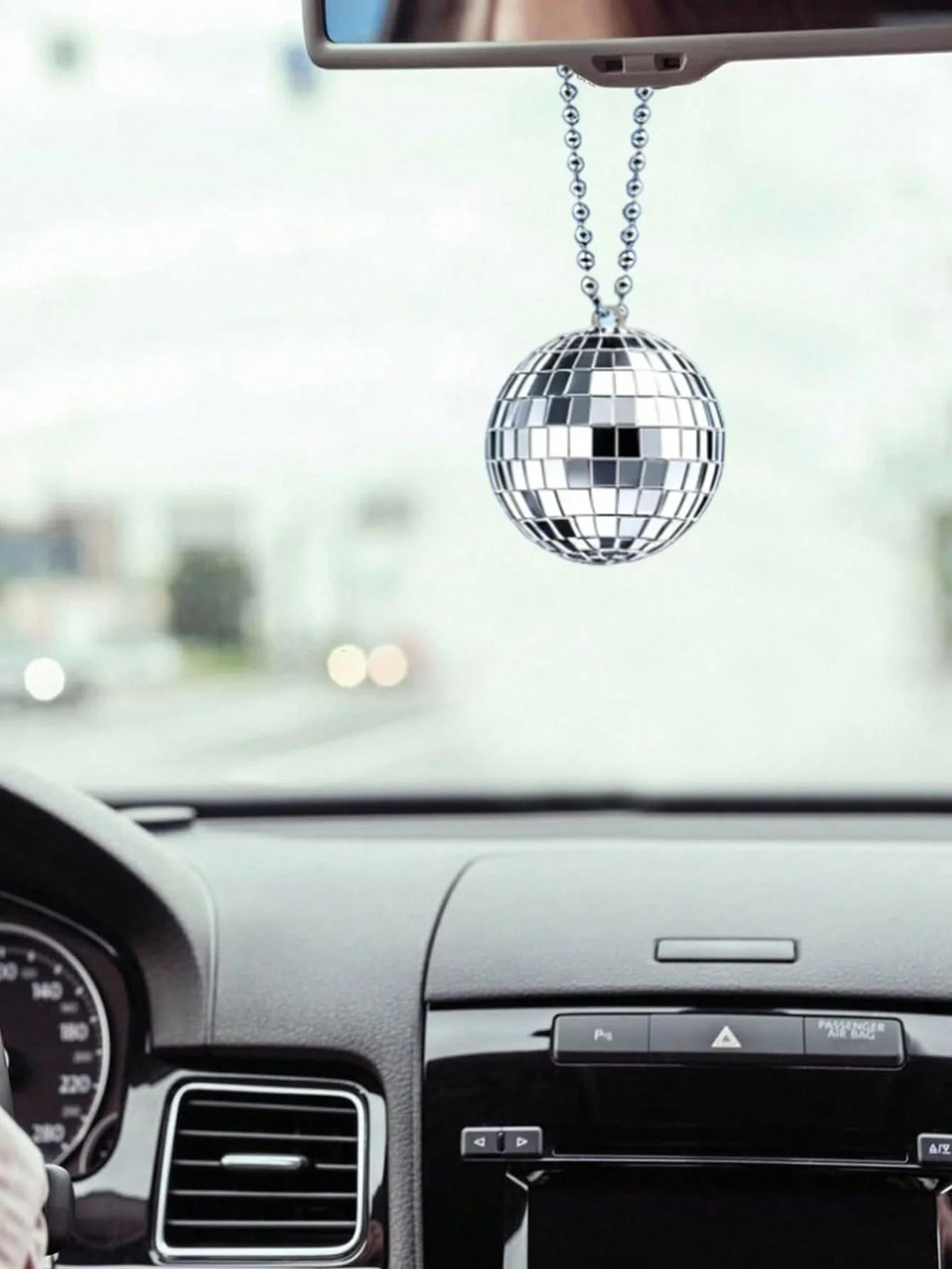 hanging disco ball car mirror ornament with reflective sparkle design