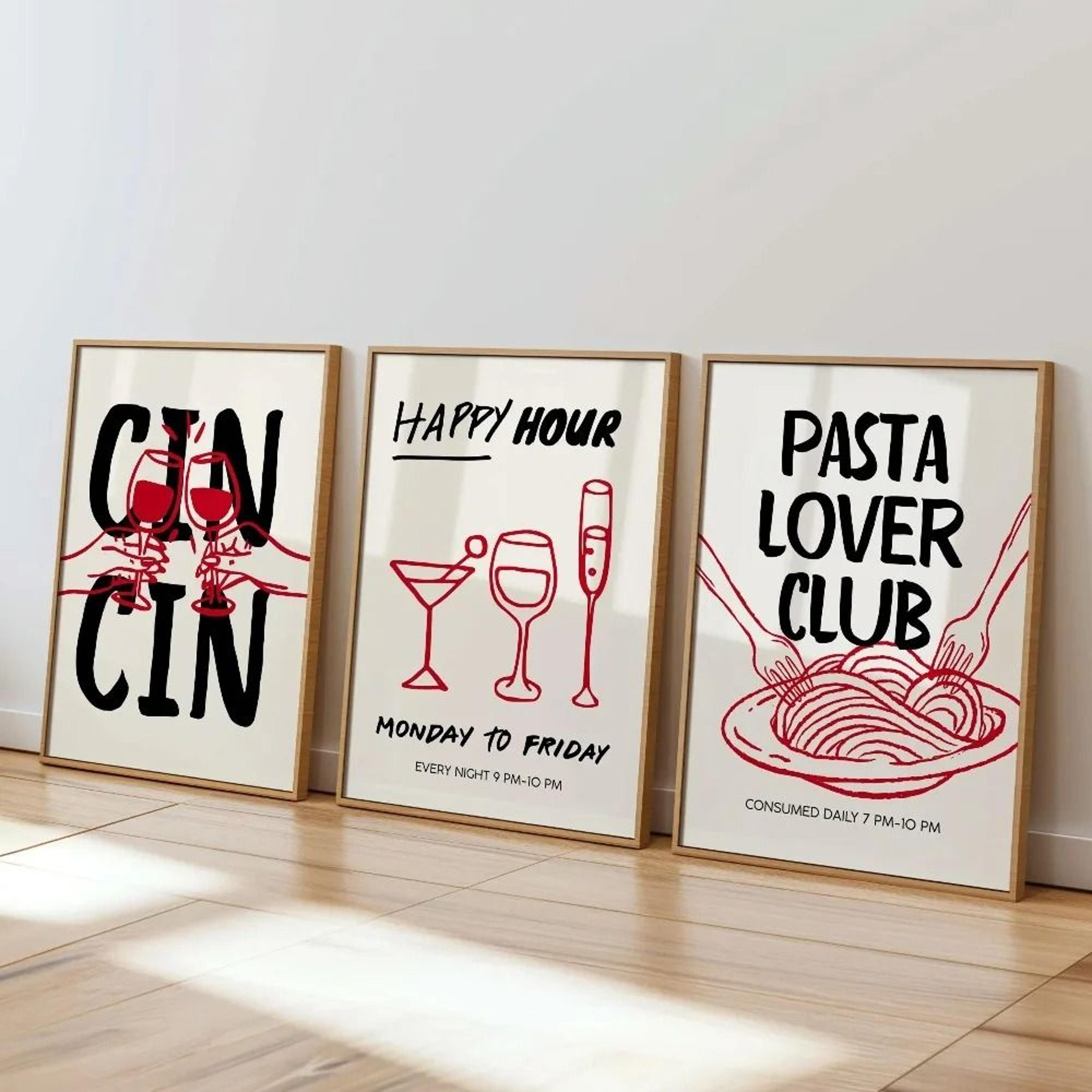 Retro Cocktail  Pasta Wall Art Set For Kitchen Bar Cart  Happy Hour Decor 11