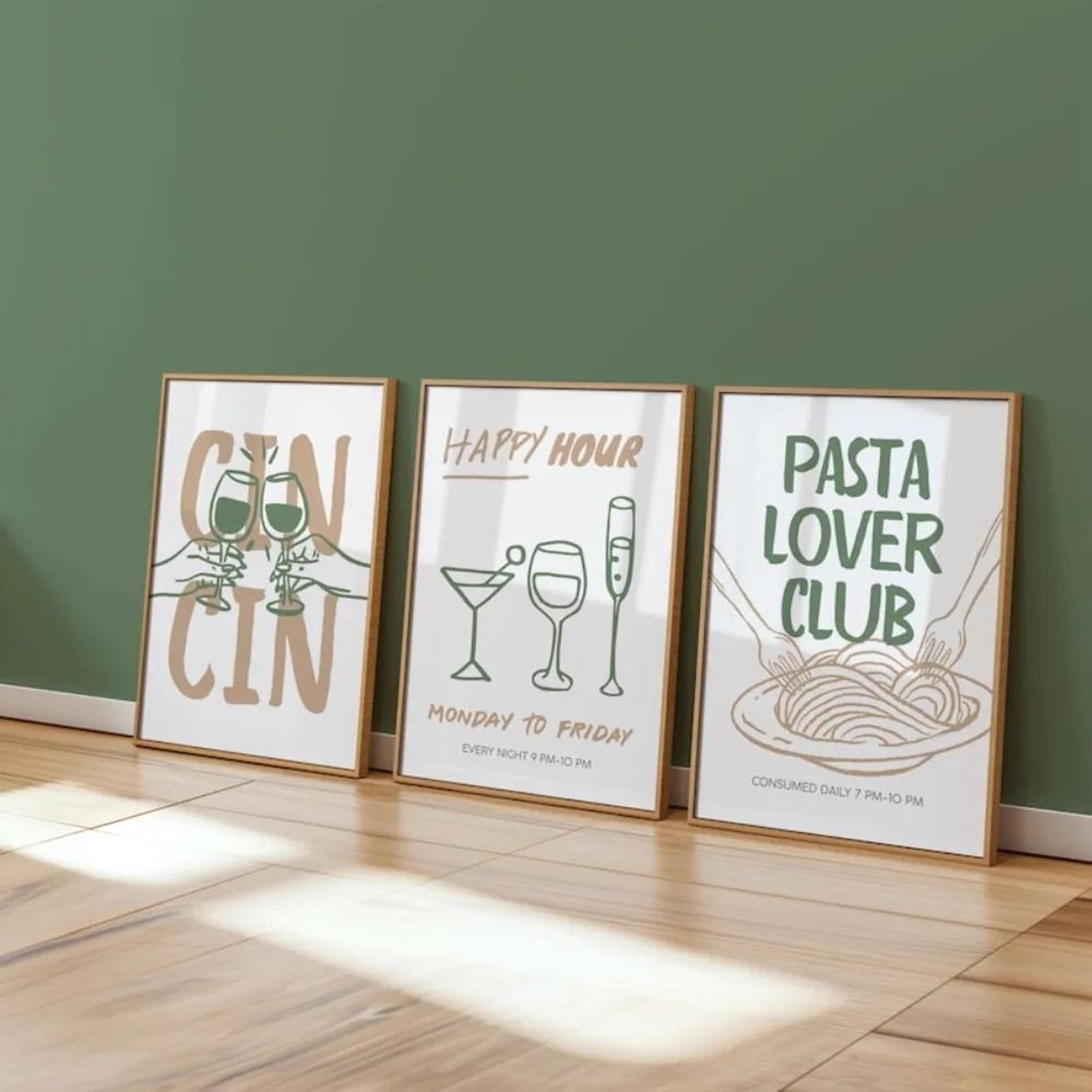 Retro Cocktail  Pasta Wall Art Set For Kitchen Bar Cart  Happy Hour Decor 6