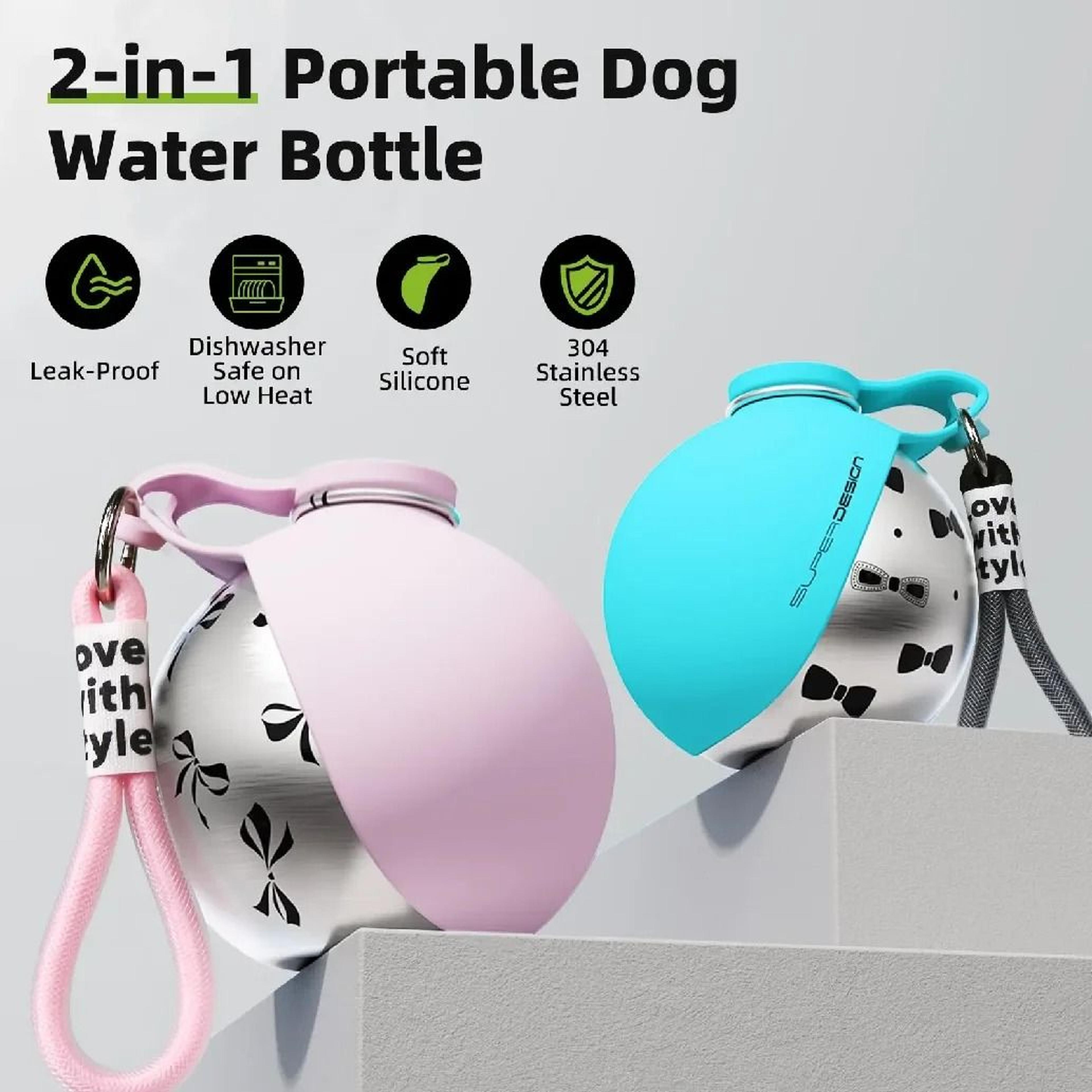 2-in-1 portable stainless steel dog water bottle with silicone drinking bowl