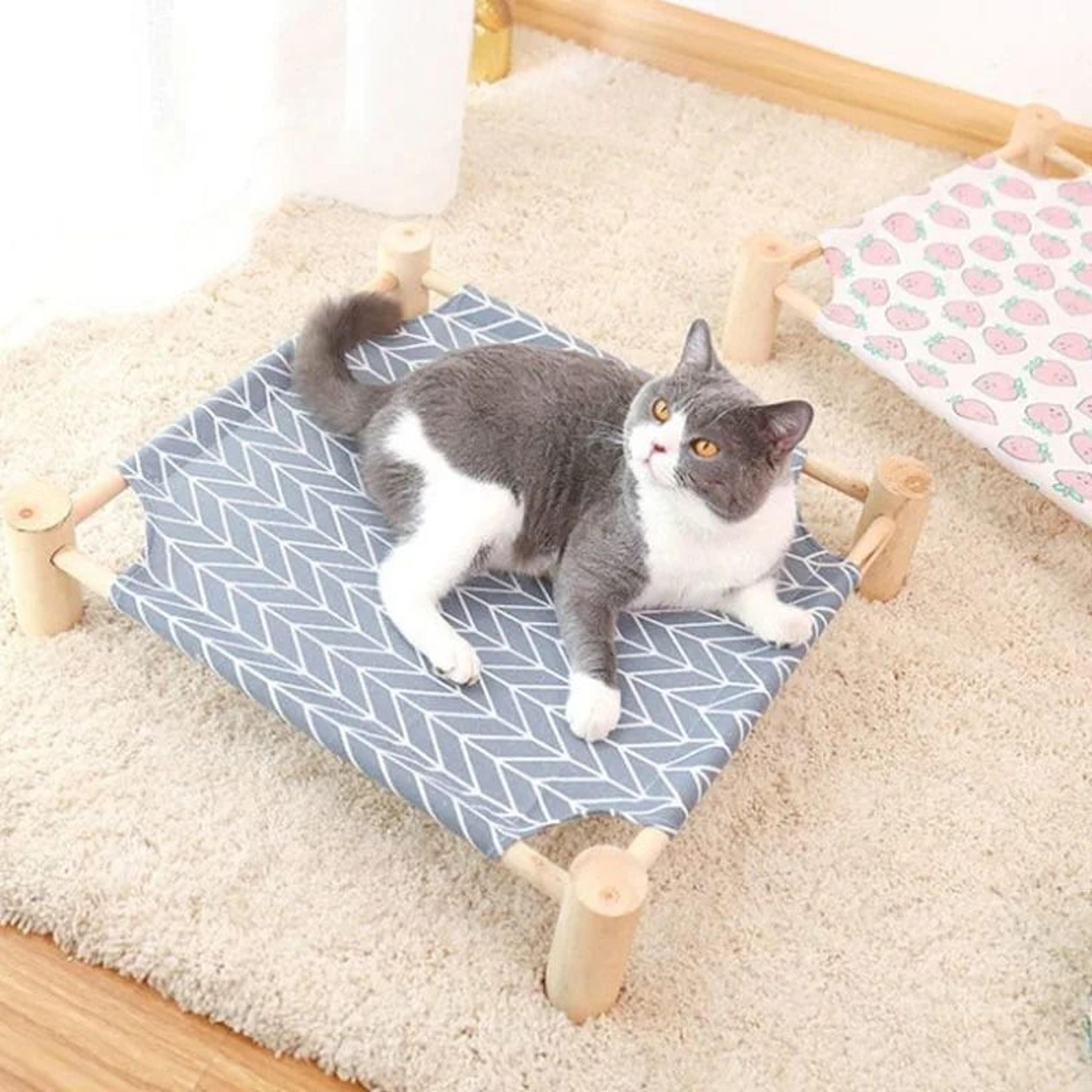 elevated wooden cat hammock bed with breathable canvas for cats & small dogs