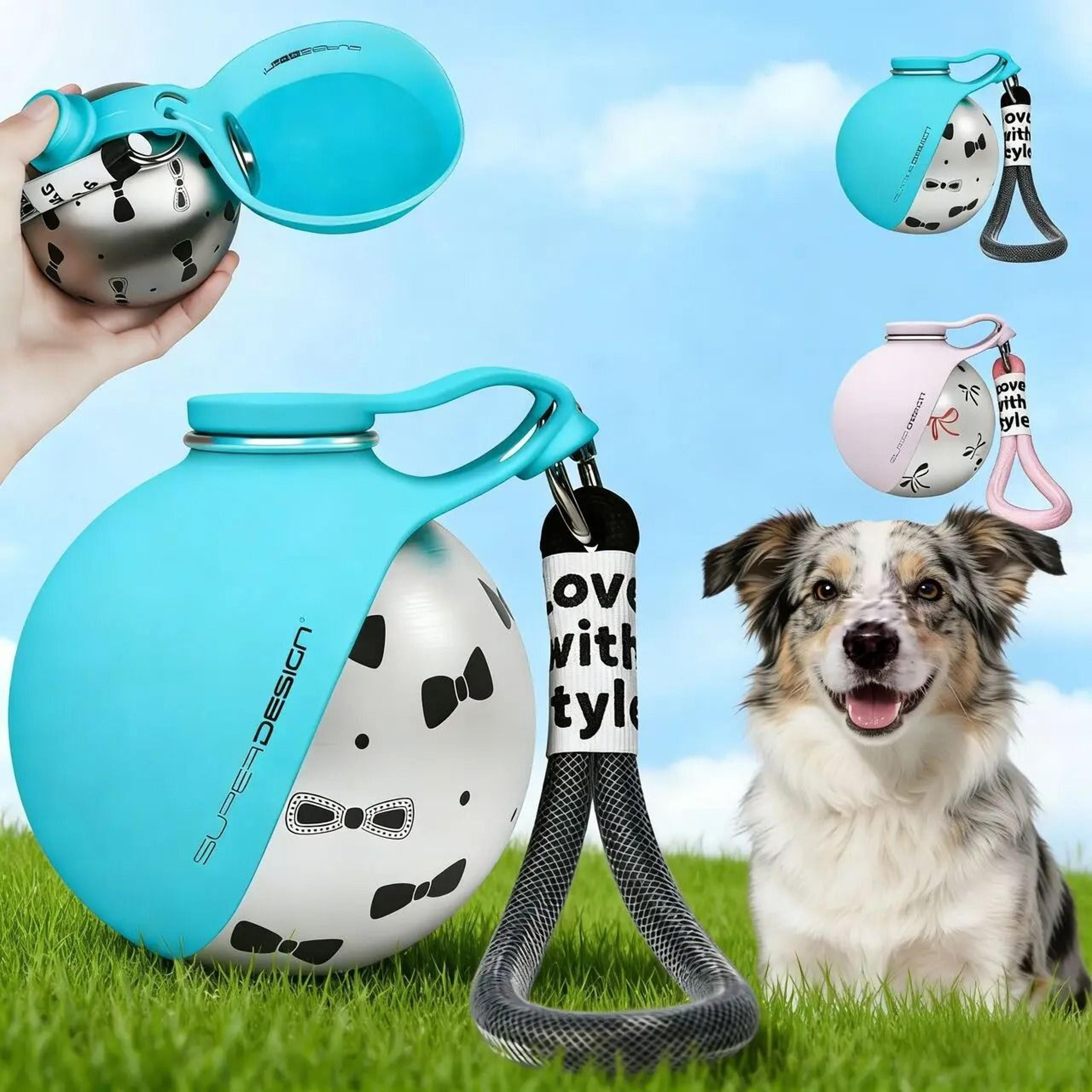 portable stainless steel dog water bottle with folding bowl & lanyard hook