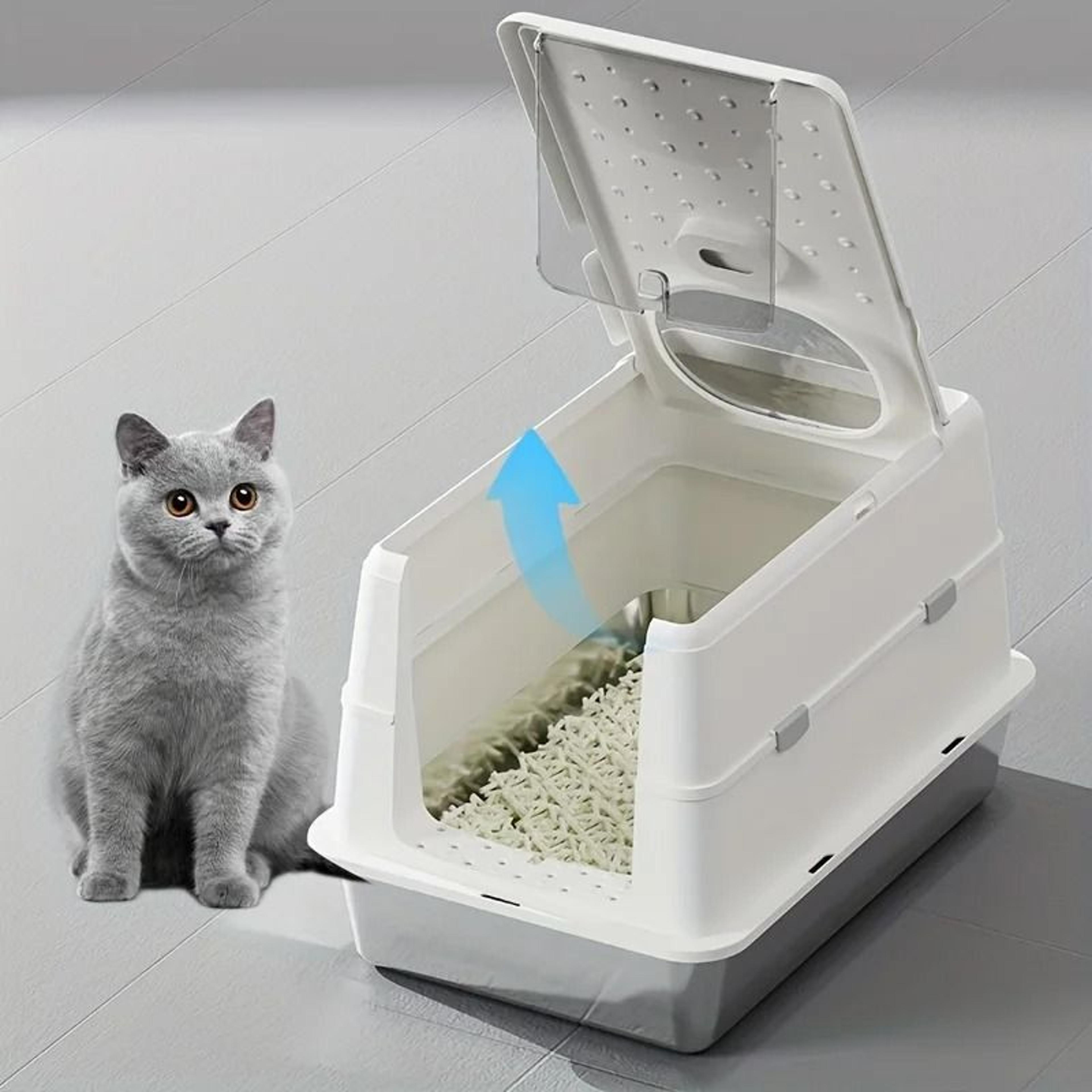 Stainless Steel Enclosed Cat Litter Box With Flip Cover  NonSlip Mat 3