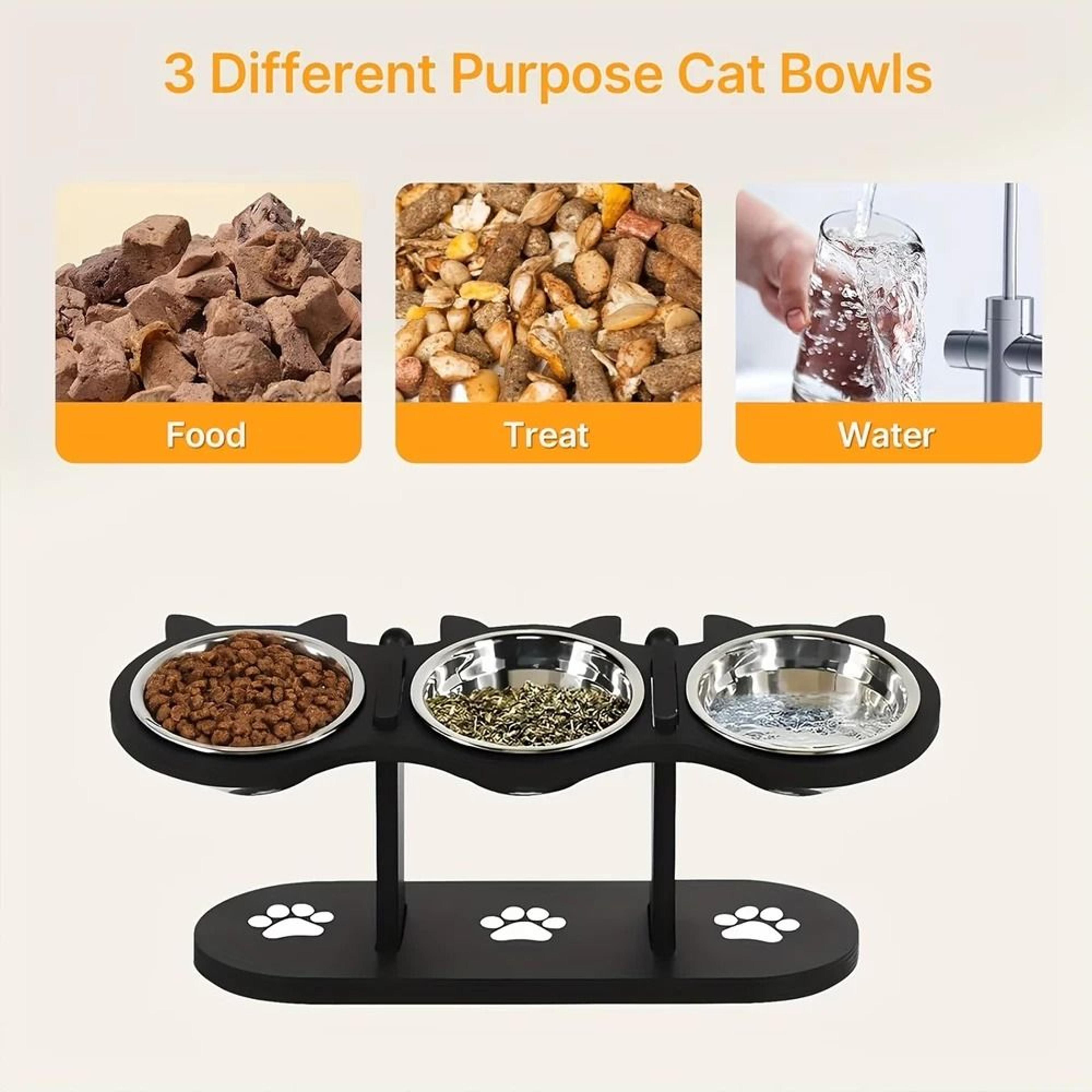 Elevated 3 Bowl Cat Feeding Station With Solid Wood Stand  Stainless Steel Bowls 2