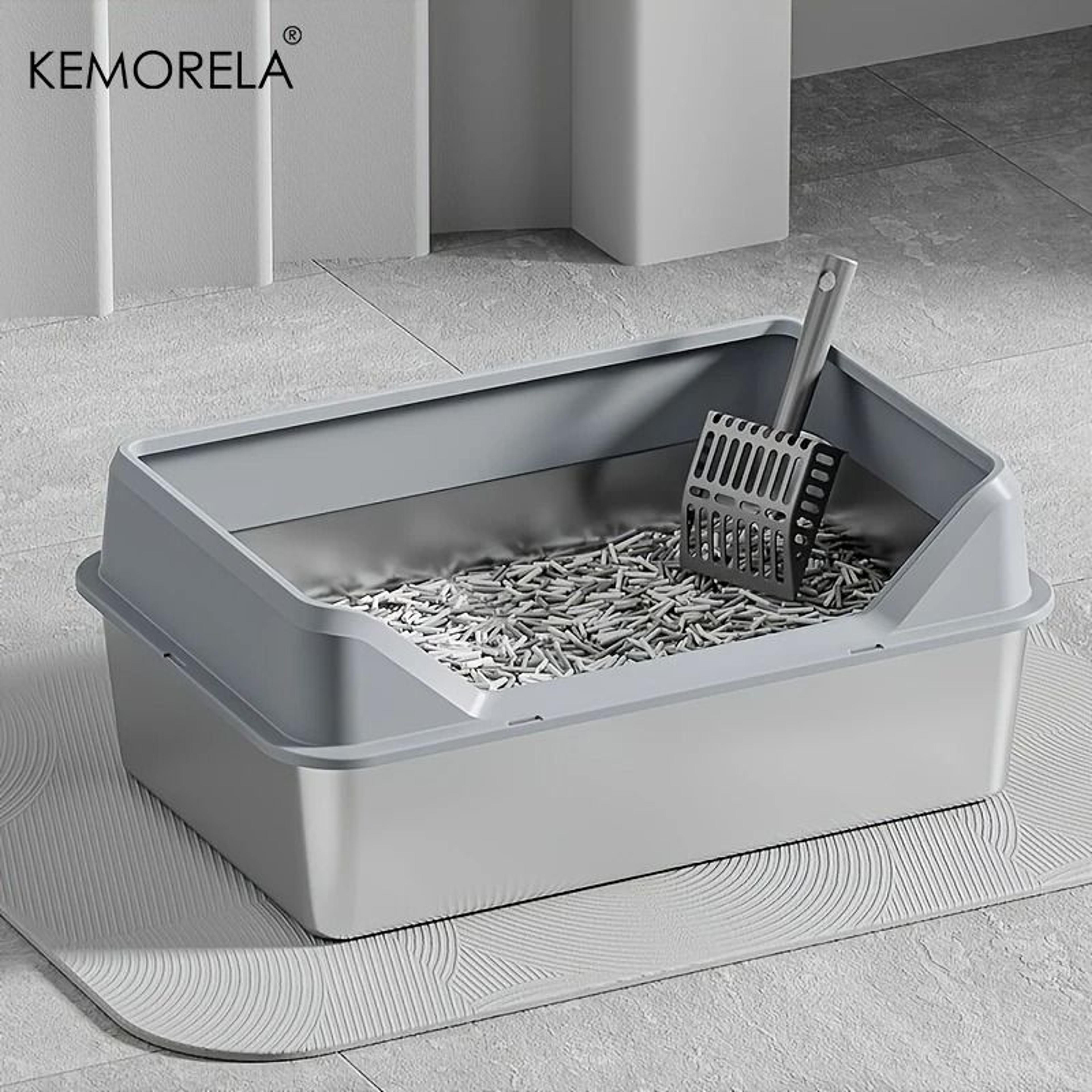 kemorela xl stainless steel covered cat litter box with high sides, lid & scoop