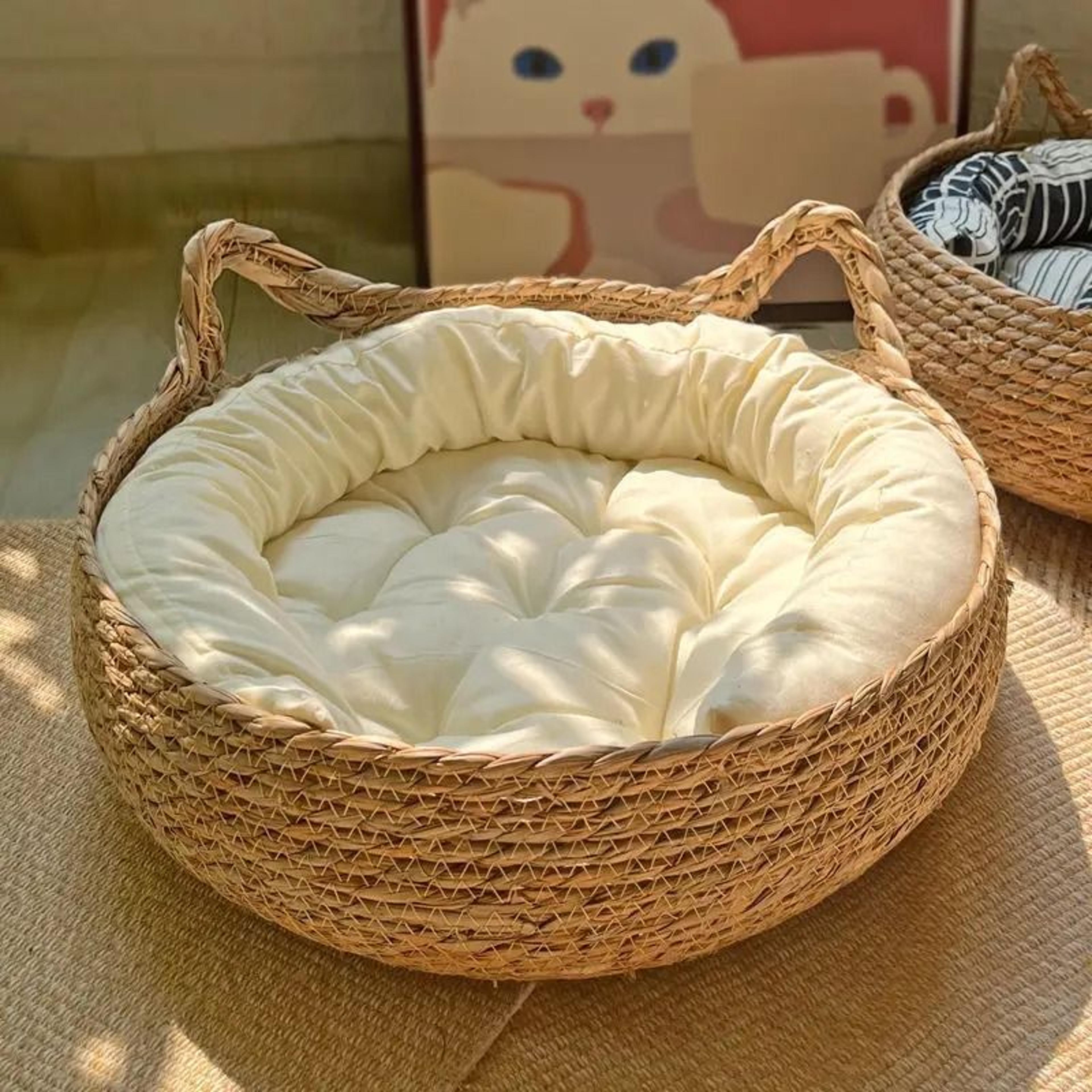 Handwoven Rattan Cat Basket Bed With Soft Cushion For Cozy Indoor Comfort 7