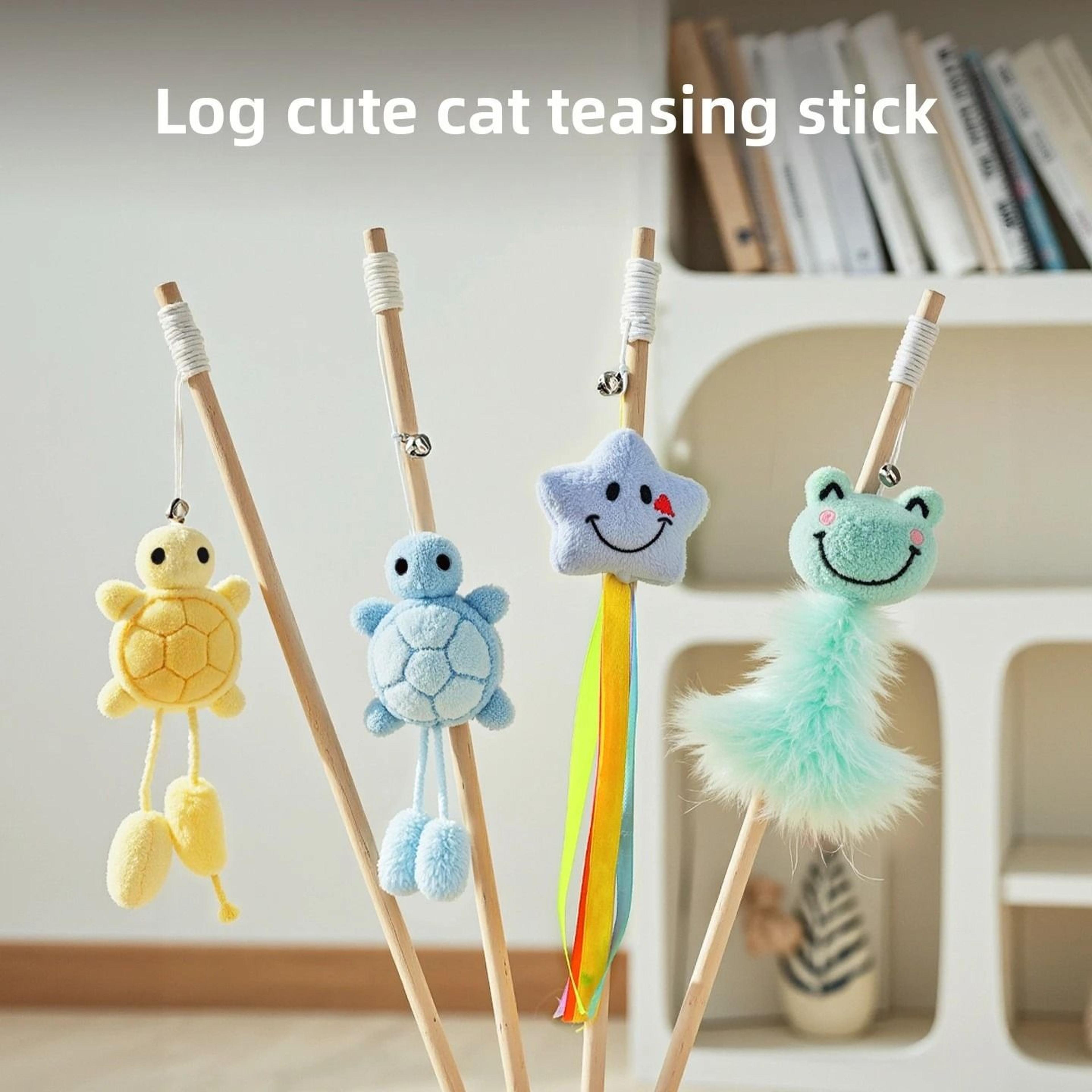 wooden cat teaser wand toy with bell & tortoise plush interactive bite-resistant cat toy