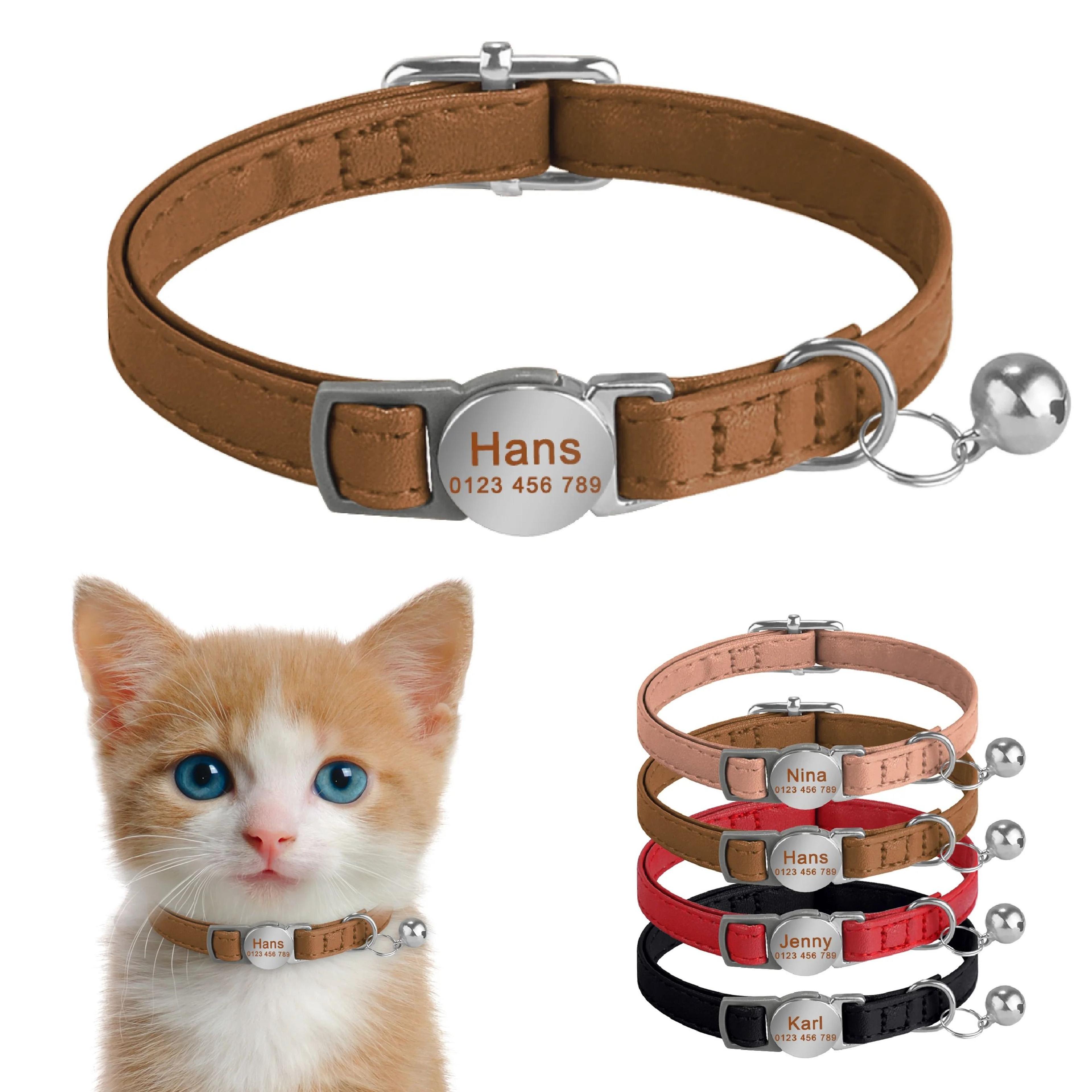 safepaw personalized leather breakaway cat collar with engraved name & bell
